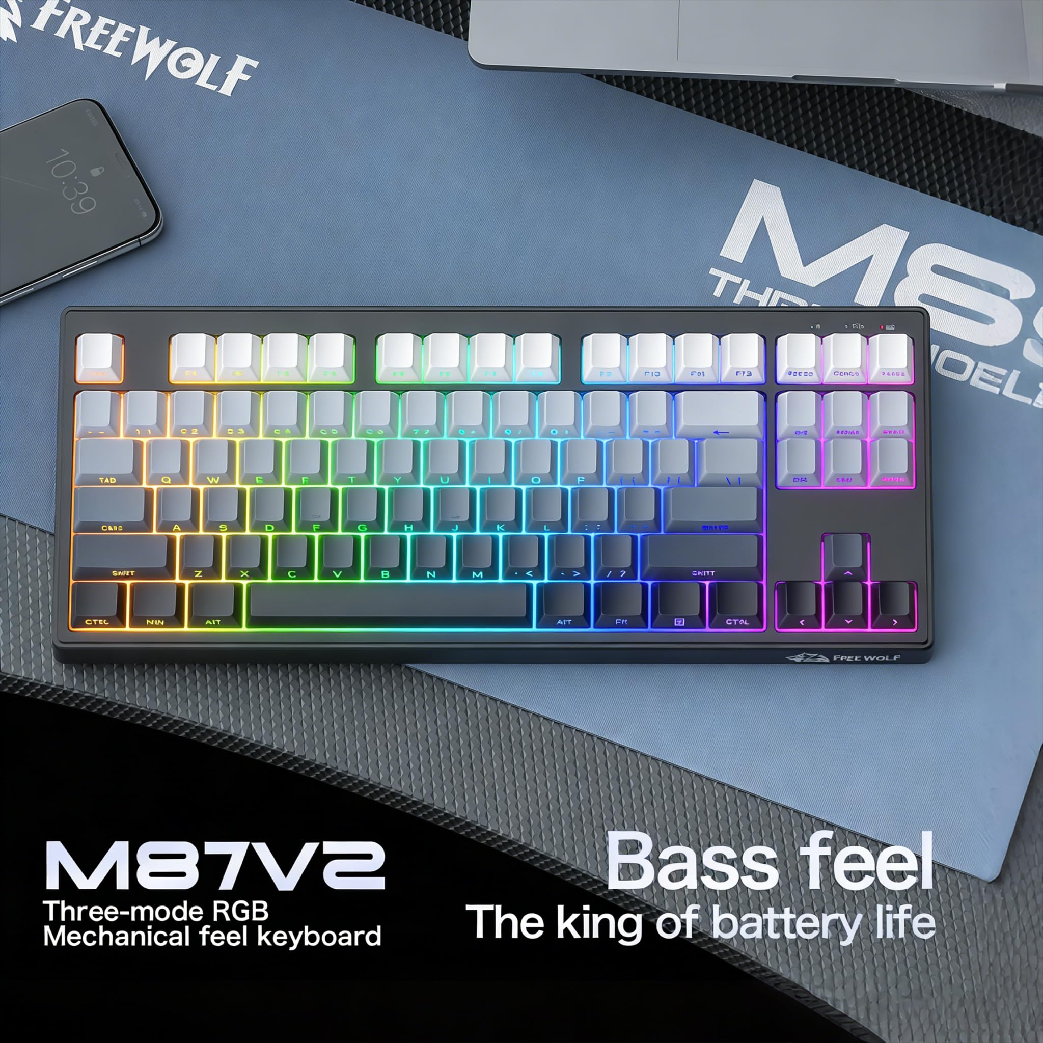 ZIYOU LANG M87V2 Triple-Mode Gaming Keyboard - Wireless, Bluetooth, Wired, RGB Backlit, Soft Silicone Quiet Switches, Side-Lit Keycaps, 4000mAh Battery, 87-Key Compact Layout - 5
