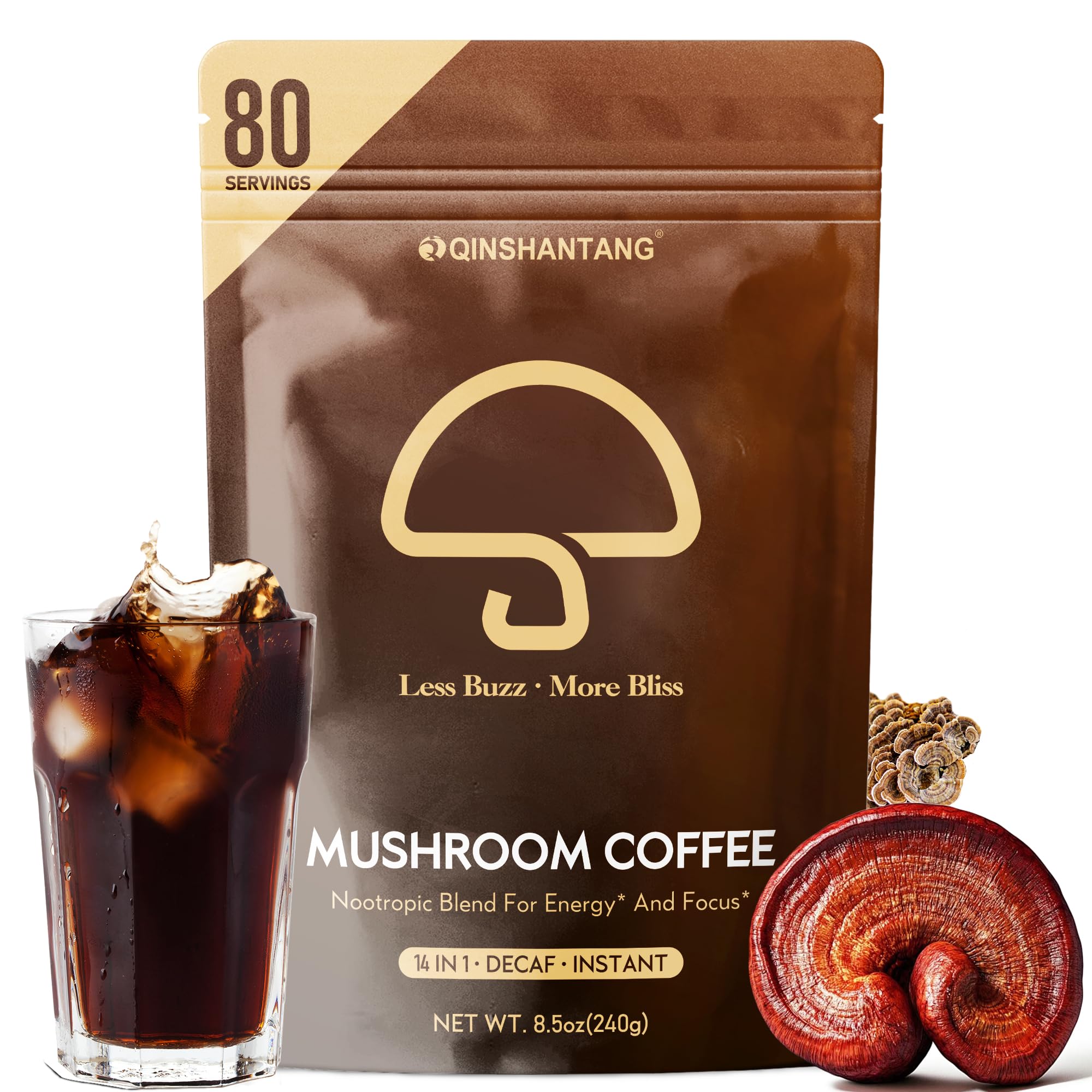 Decaf Mushroom Instant Coffee, 14 Mushrooms Supplement, Large 80 Servings | Lion’s Mane, Reishi, Chaga, Cordyceps, Shiitake | Energy Focus Immunity |