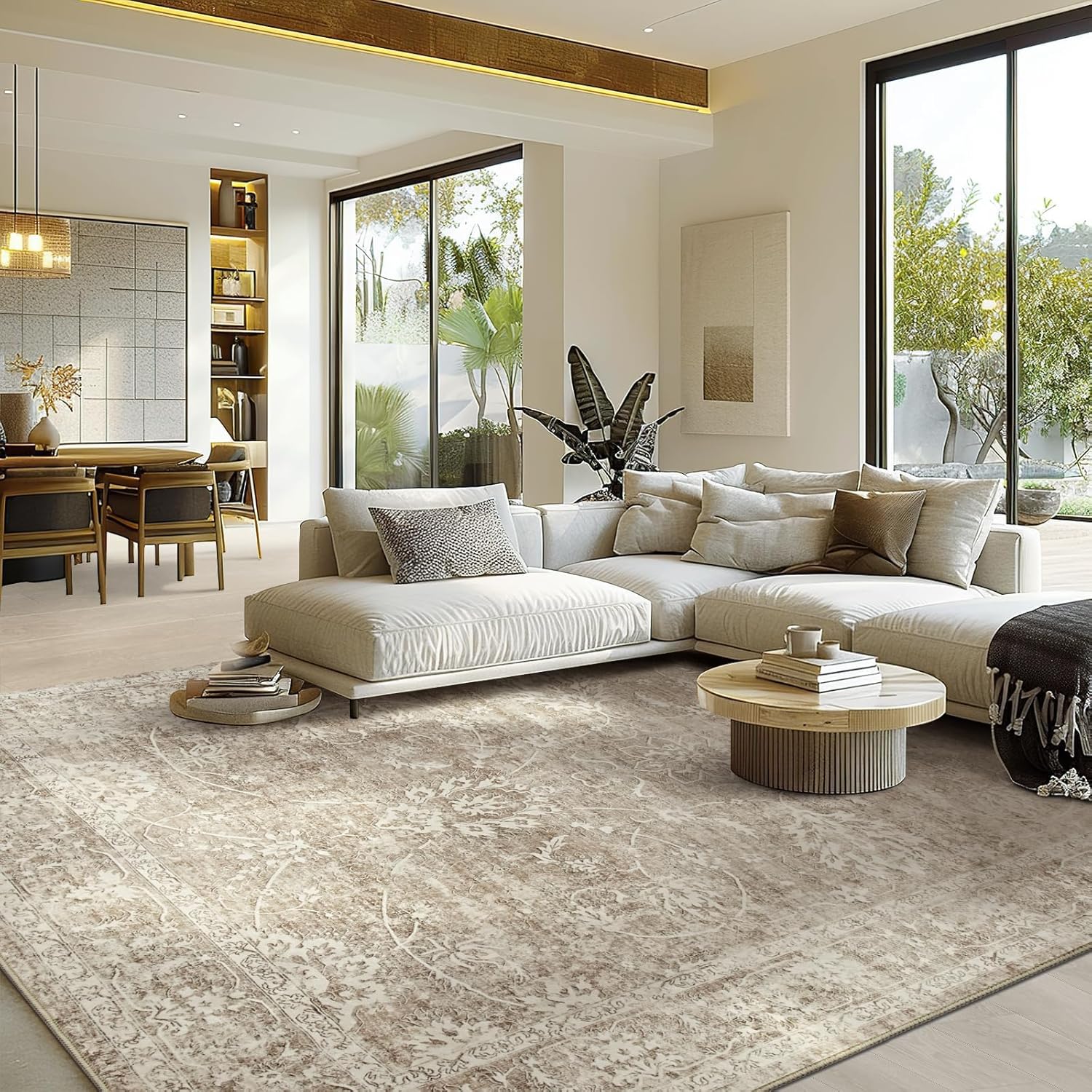 Madane 8x10 Area Rugs for Living Room, Machine Washable Vintage Rug with Anti-Slip Backing, Soft Floral Print Large Rugs, Foldable Thin Area Rug for Bedroom Dining Room (8 x 10, Brown/Sand) Brown/Sand 8' x 10' (Rectangular)