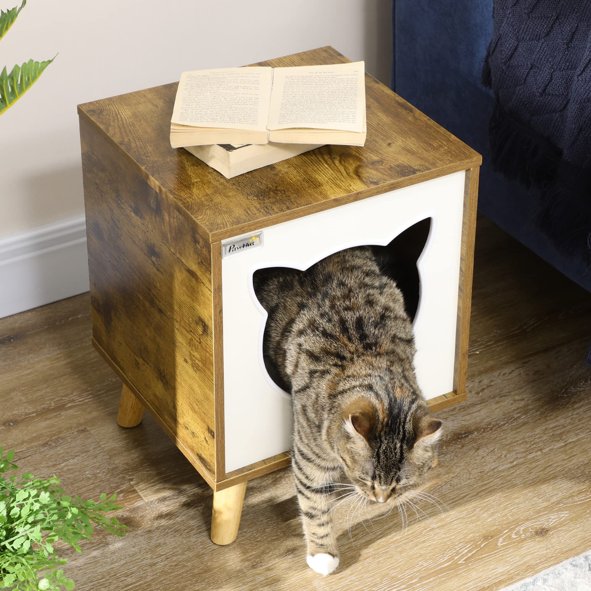 Pawhut - Casa interior para gatos de madera, con cojín lavable y patas elevadas, 34 x 34 x 44,5 cm, color marrón