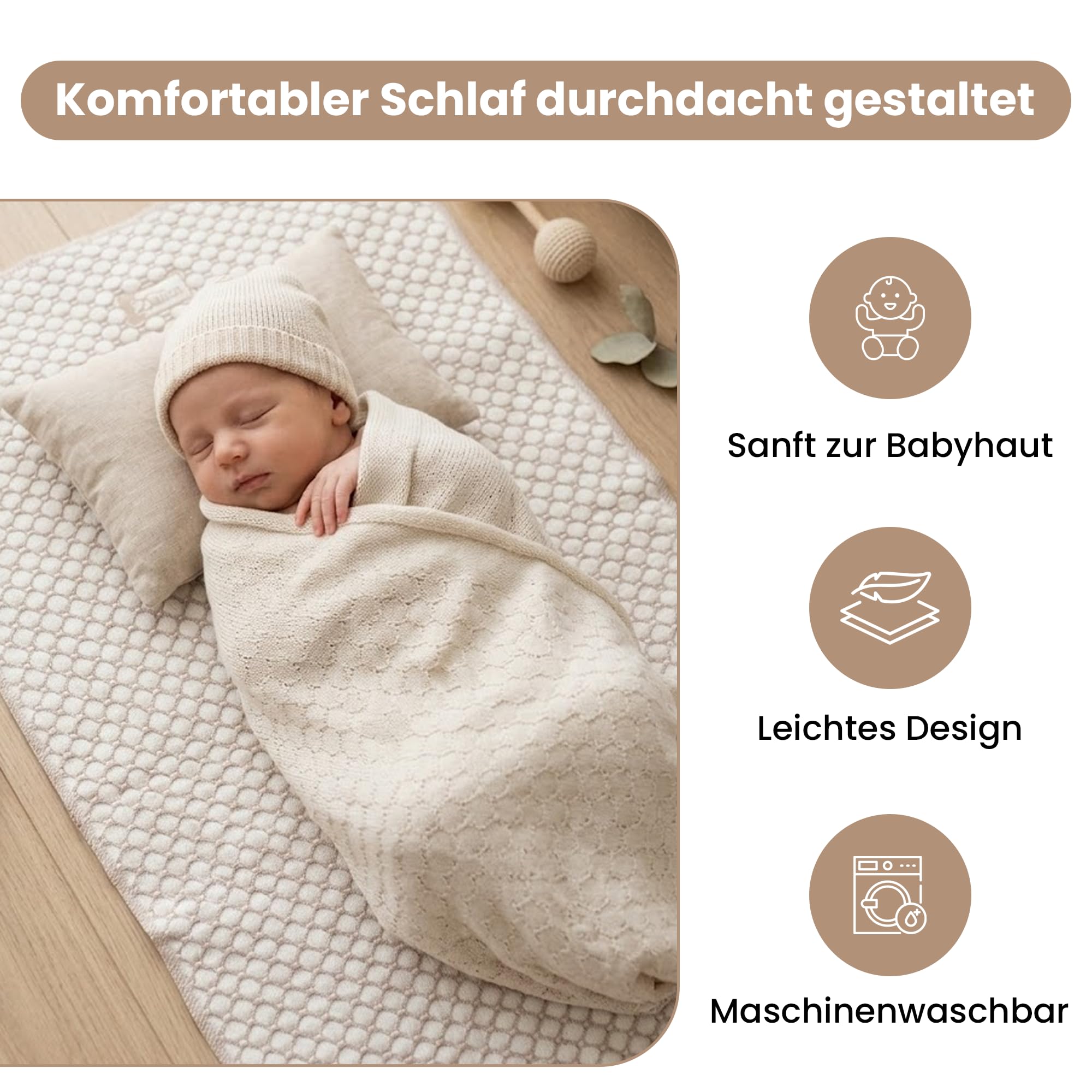 Baby Matratzenauflage 70x140 cm – Oeko-TEX Zertifiziert, atmungsaktiv & weich – 3D-Strick mit Gummizug mit 4 Eckgummis, Weiss/Beige