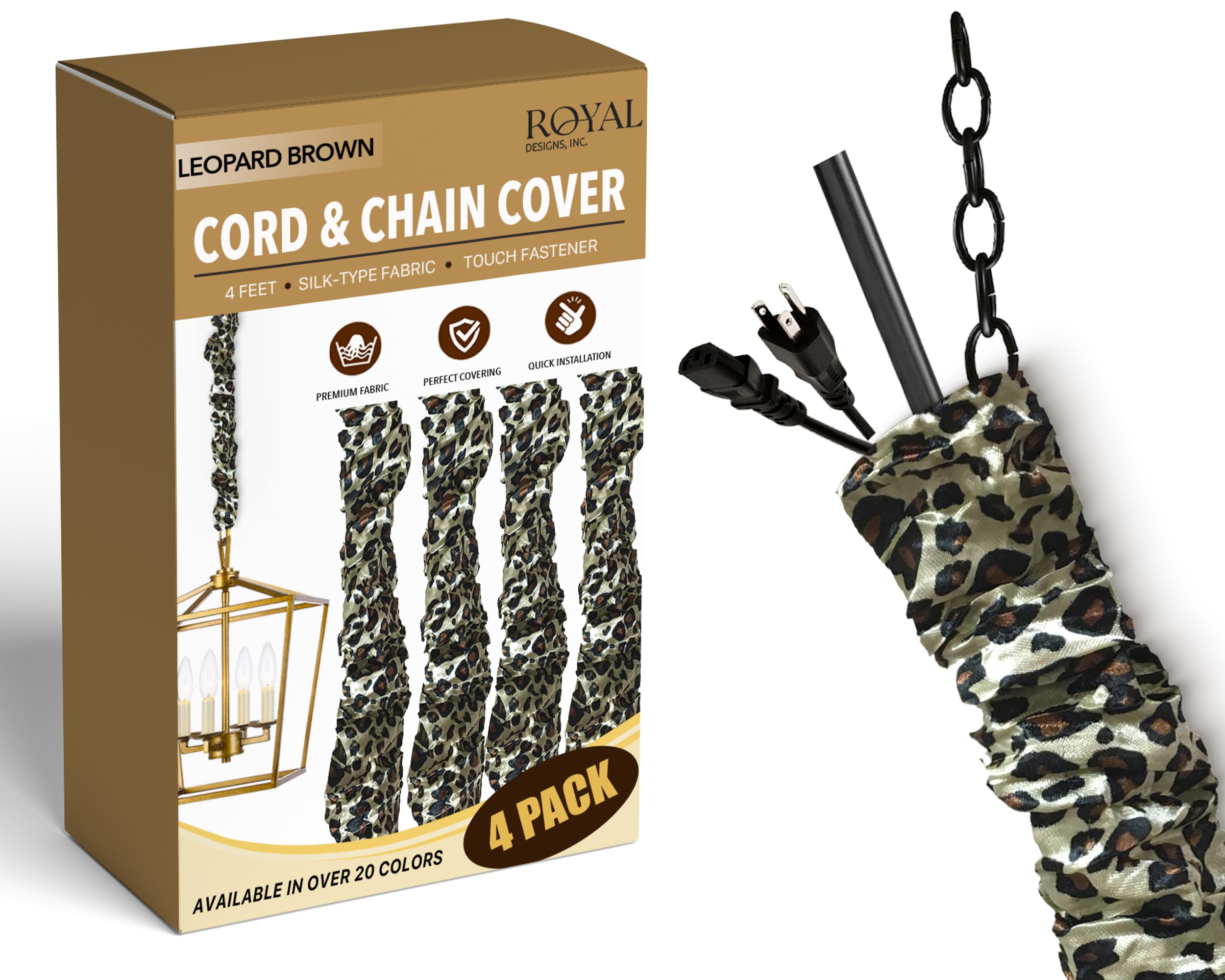 Royal Designs, Inc. Cord &amp; Chain Cover 4 ft Silk Type Fabric, Chandelier Pendant Lighting Chain &amp; Cable Management, Touch Fastener, Leopard Brown - 4 Pack