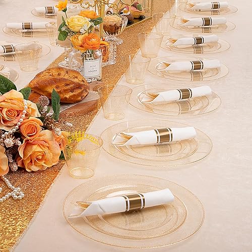 Miniatura 6 de DaYammi 112 platos de plástico con purpurina dorada, vajilla desechable, platos de plástico dorados que incluyen 16 platos de postre, 16 platos