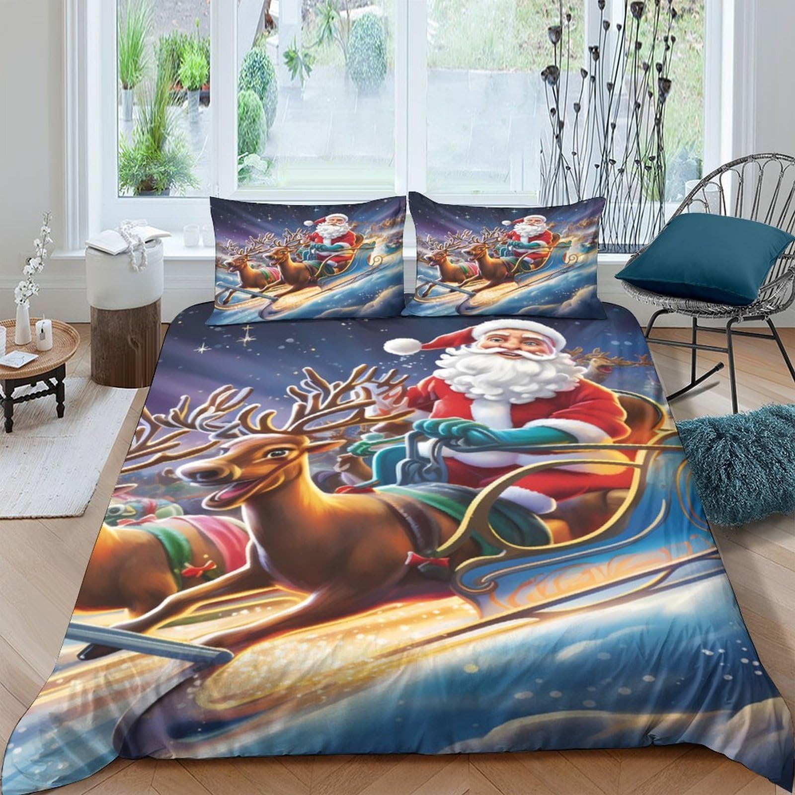 Ctjqhvkz Style-3 3D Printed Christmas Santa Sleigh Fitted Sheet Microfiber Festive Reindeer Bed Cover For Bedroom Guest Room Mattress Protection Decor Single（135X200cm）