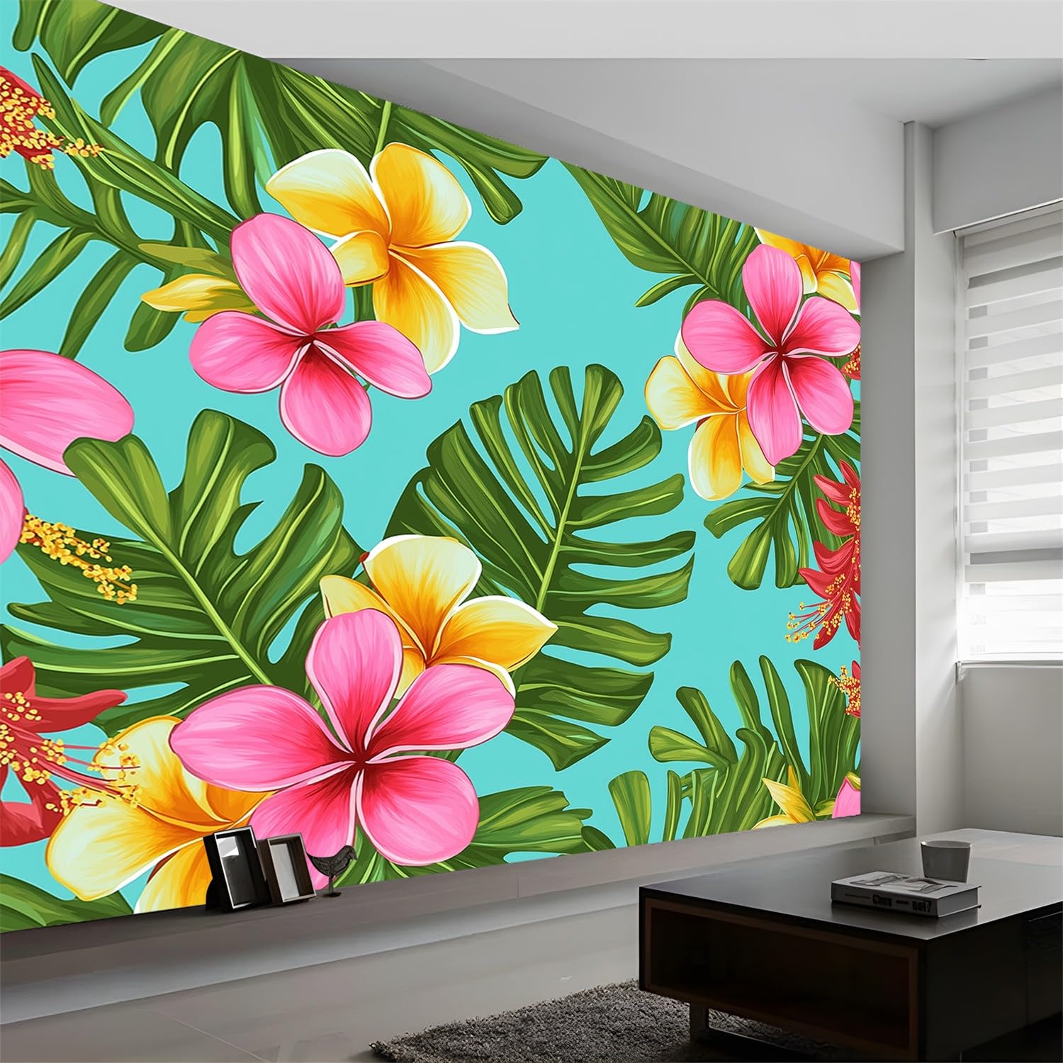 Tapeta jasnoniebieska, tapeta z włókniny, akwarela, botaniczne tropikalne kwiaty, wodoodporny papier kontaktowy do domowej szafki i dekoracji, tapeta 250 x 175 cm do salonu, sypialni, kuchni,