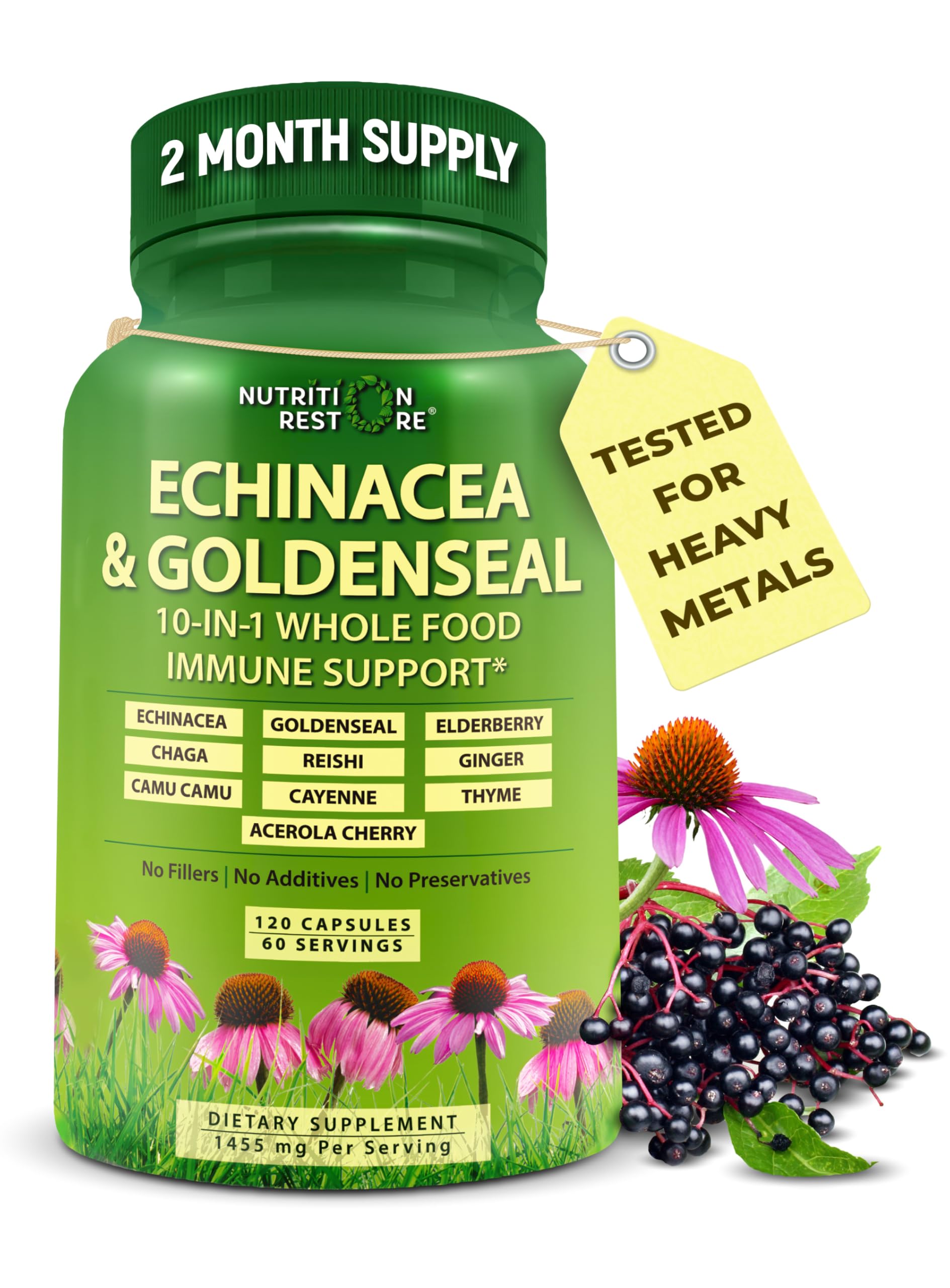 Echinacea Goldenseal Capsules - 10 in 1 Immune Support Supplement - 1455mg - Vegan Echinacea Capsules Supplement Made With Organic Whole Foods - Herbal Immune System Support - 2 Month Supply