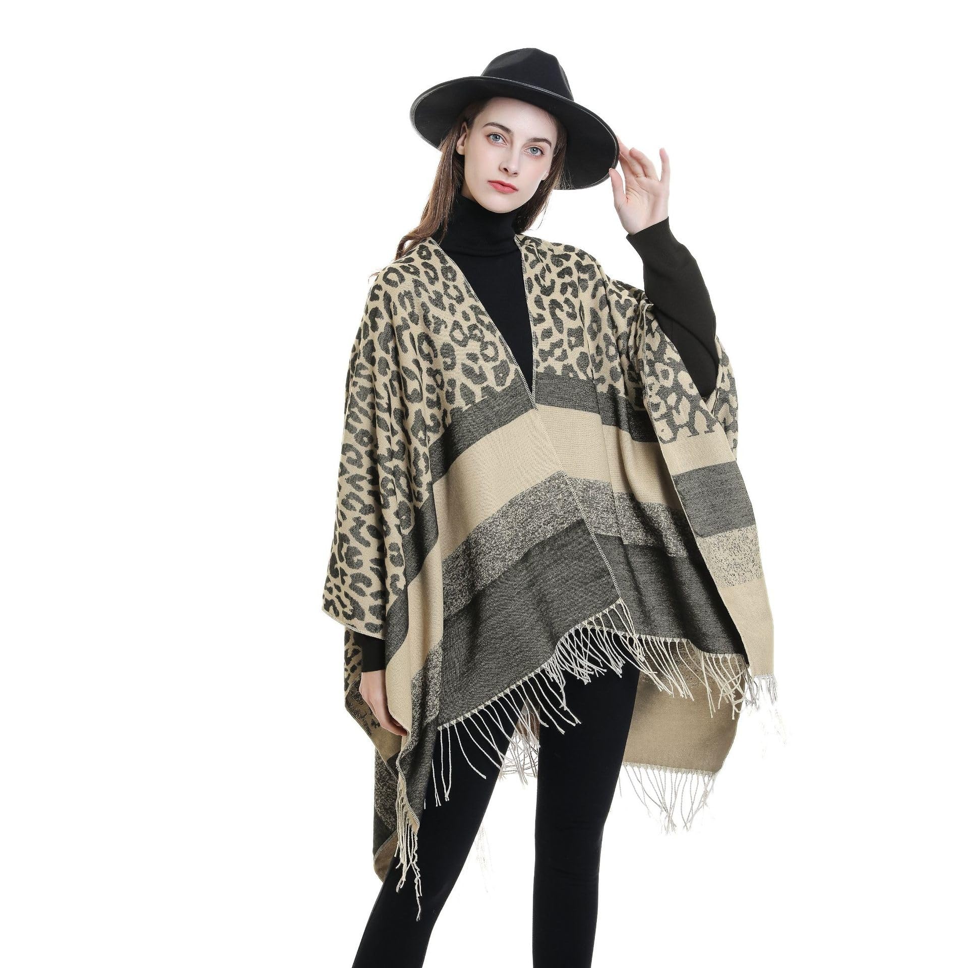 Autunno Inverno Plaid Tassel Scialle Donna Caldo Cardigan Poncho Donna Mantella Larga sopra Cappotto (Bianco DP2923 Taglia Unica)