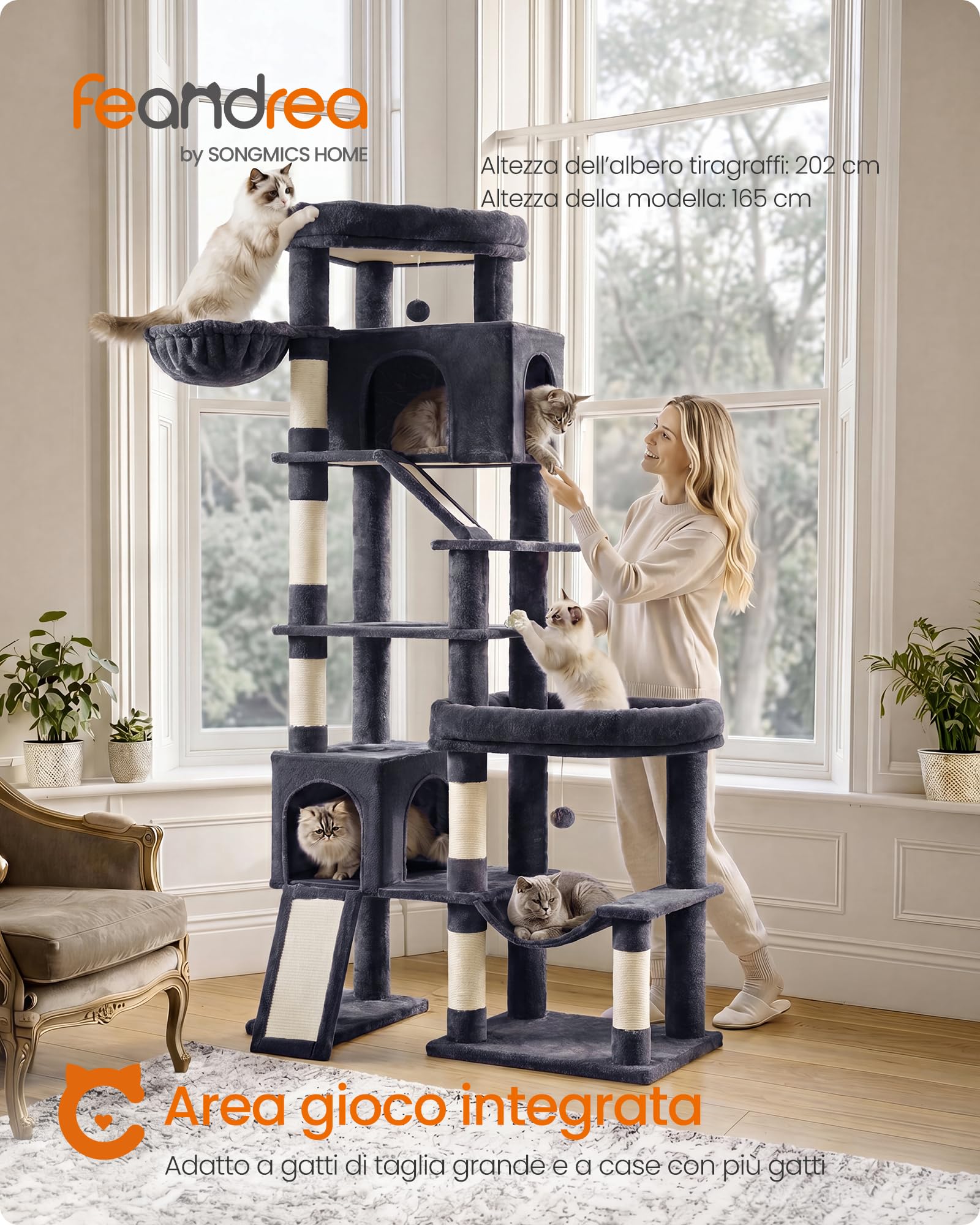Feandrea Albero per Gatti XXL, Torre Tiragraffi in Sisal con Doppia Base, 6 Aree di Riposo, 133,5 x 67,5 x 202 cm, Grigio Scuro, per Gatti Grandi, Collezione Clawfy PCT020G201