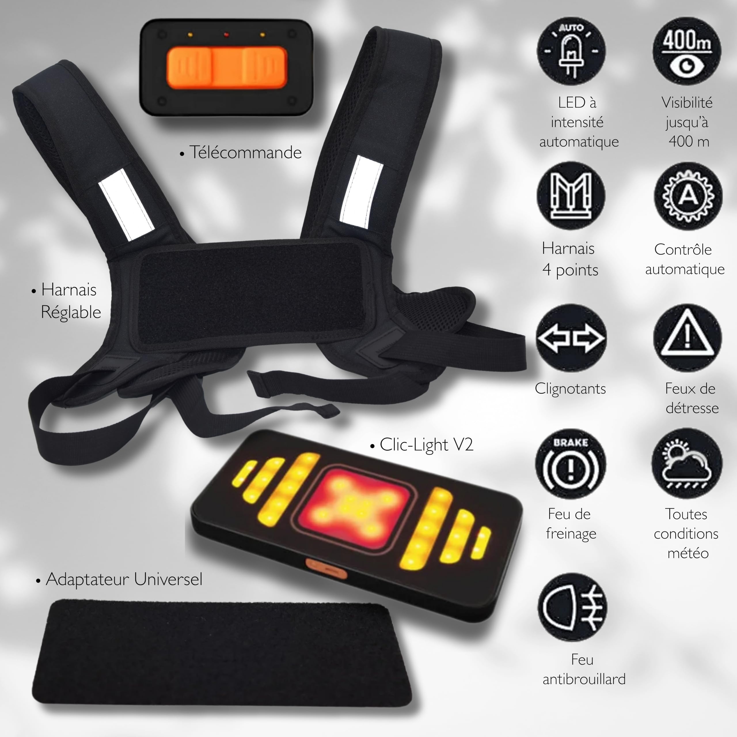 Clic-Light V2 – Clignotant Vélo LED avec Feu Arrière, Stop, Position et Détresse | Module de Signalisation Lumineux Intelligent Haute Visibilité 400m | Moto, Trottinette, Enfant et Adulte
