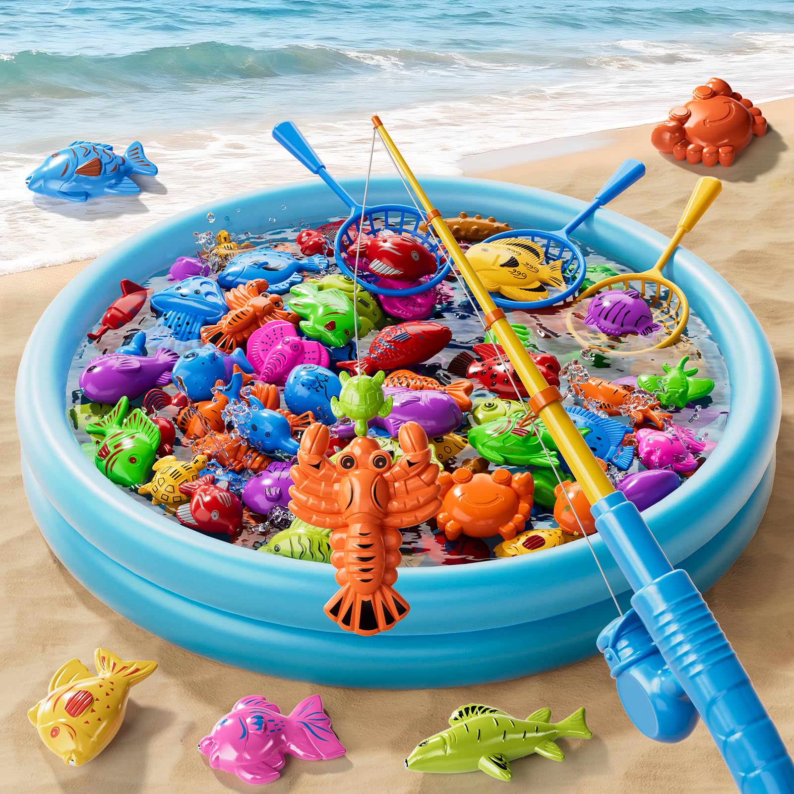 Magnetische Angel Pool Spielzeug Spiel für Kinder Kleinkinder, Bad Wassertisch Außenspielzeug mit aufblasbarem Pool, Pole Rod Netz, Bildungs Badewanne Spielzeug für das Alter 3 4 5 6 7 8