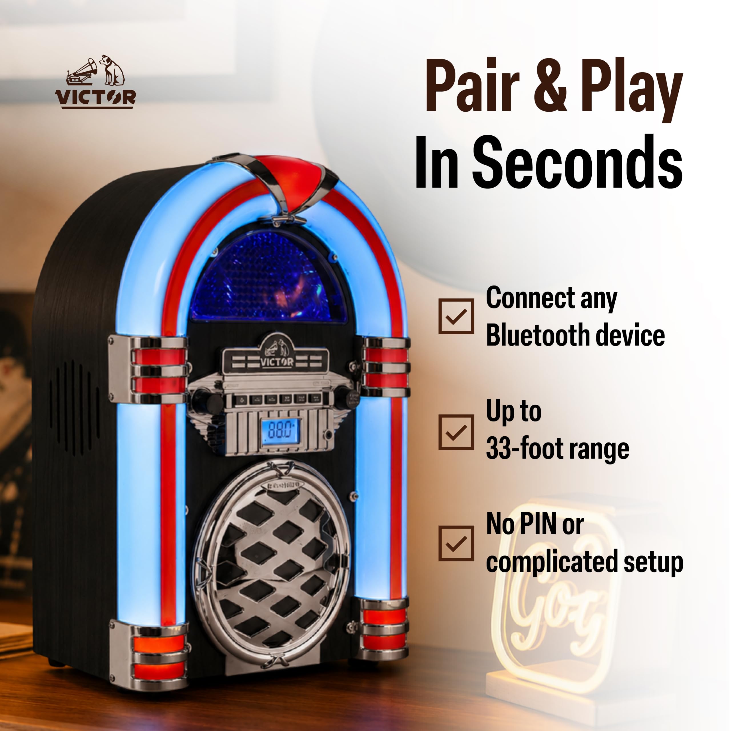 VICTOR Broadway Desktop CD Bluetooth® Jukebox mit mehrfarbiger LED-Beleuchtung, Schwarz (VDTJ-1550-BK)