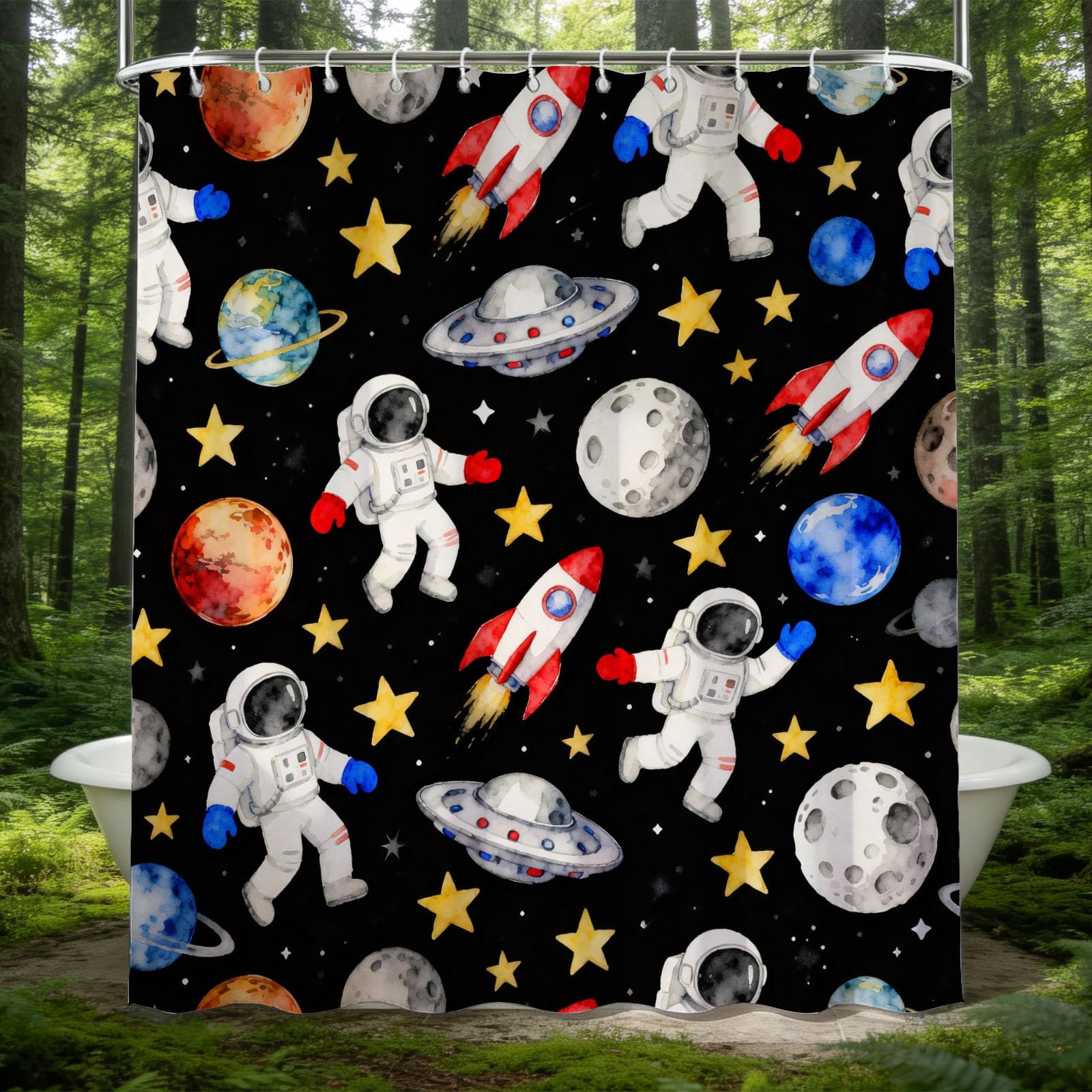 Hongduo White 3D Cartoon Astronaut Shower Curtain For Stalls Bathtubs Kids Teen Bathroom Decor Shower Curtain Set Polyester Fabric Waterproof 180X200cm/71X79 Inch With Hooks