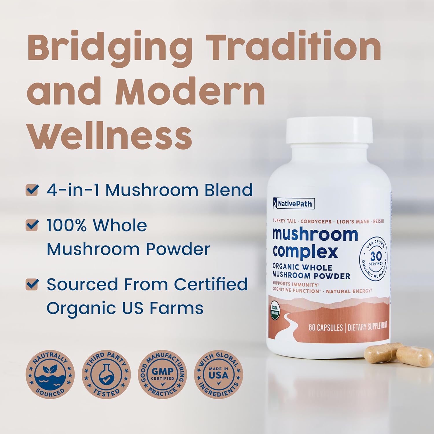 NativePath Mushroom Complex - Organic Lions Mane, Turkey Tail, Cordyceps & Reishi - Whole Mushroom Powder for Immune Support, Brain Health & Energy - USDA Organic, Non-GMO, Vegan - 60 Capsules - Image 3