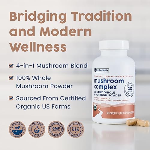 Miniatura 3 de NativePath Complejo de hongos - Melena de león orgánica, cola de pavo, Cordyceps y Reishi - Polvo de hongos enteros para apoyo inmunológico, salud