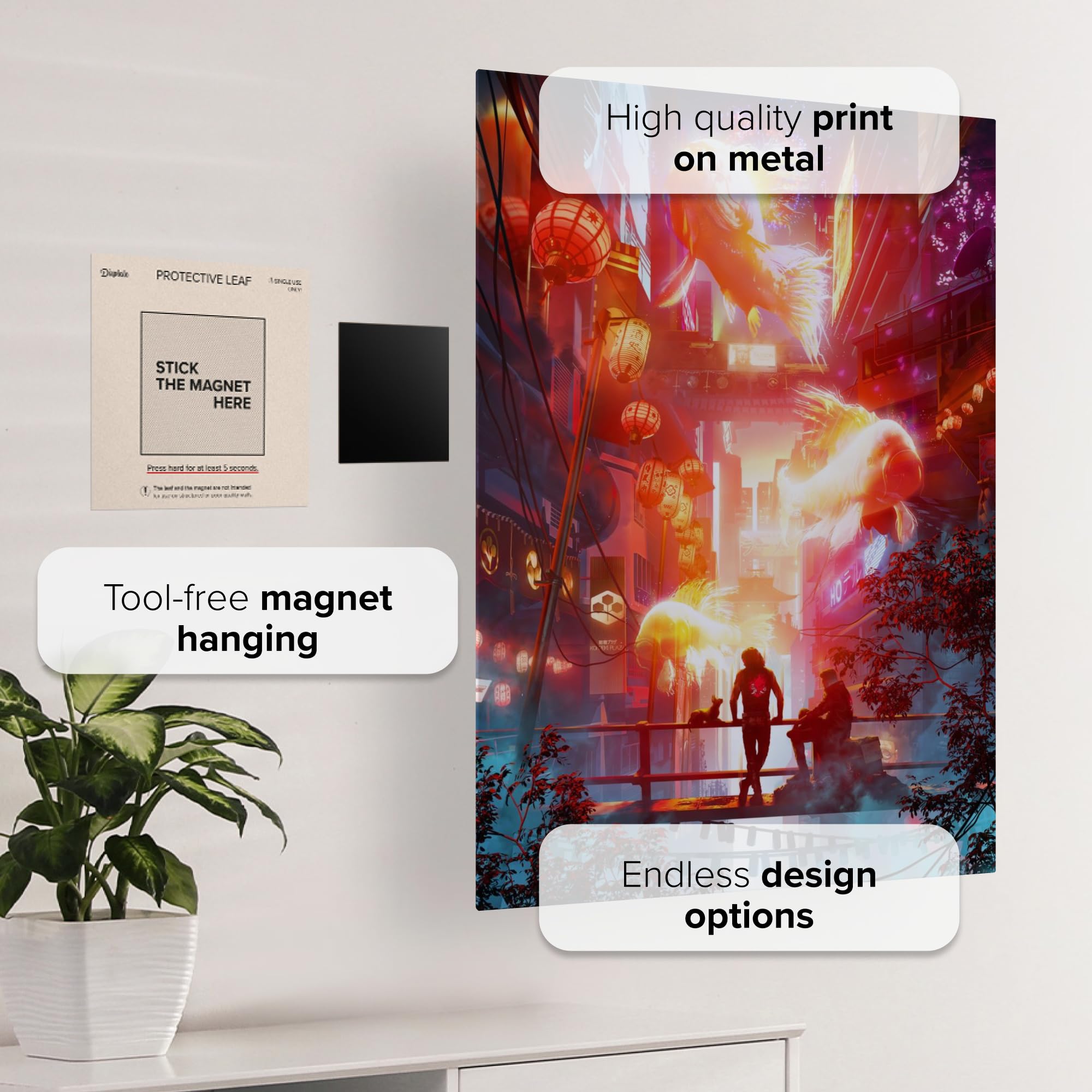 Displate Metallposter, Cyberpunk 2077 Merchandise - Festive at Night City, Wandbilder Schlafzimmer, Wanddeko, Geschenk, Wanddekoration Wohnzimmer, Poster 45 cm x 32 cm