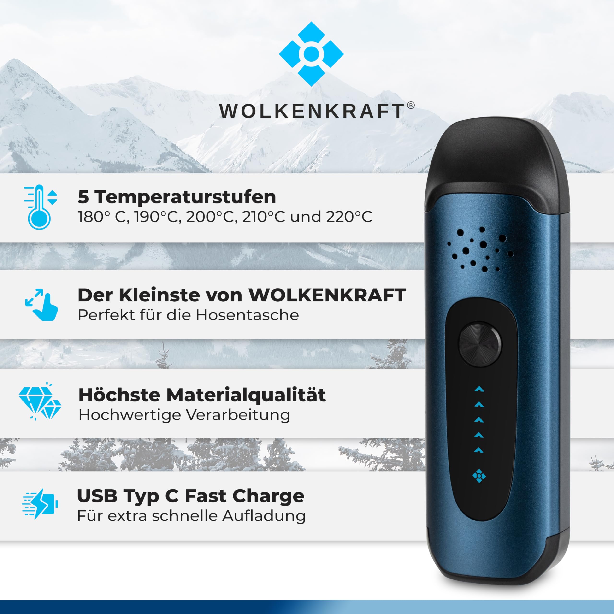 WOLKENKRAFT ViTA Premium-Vaporizer *Nachtblau* | Für Kräuter & Extrakte | 5 Temperaturstufen | kompakt | vollisolierter Luftkanal | Edelstahl-Kammer | einfache Bedienung
