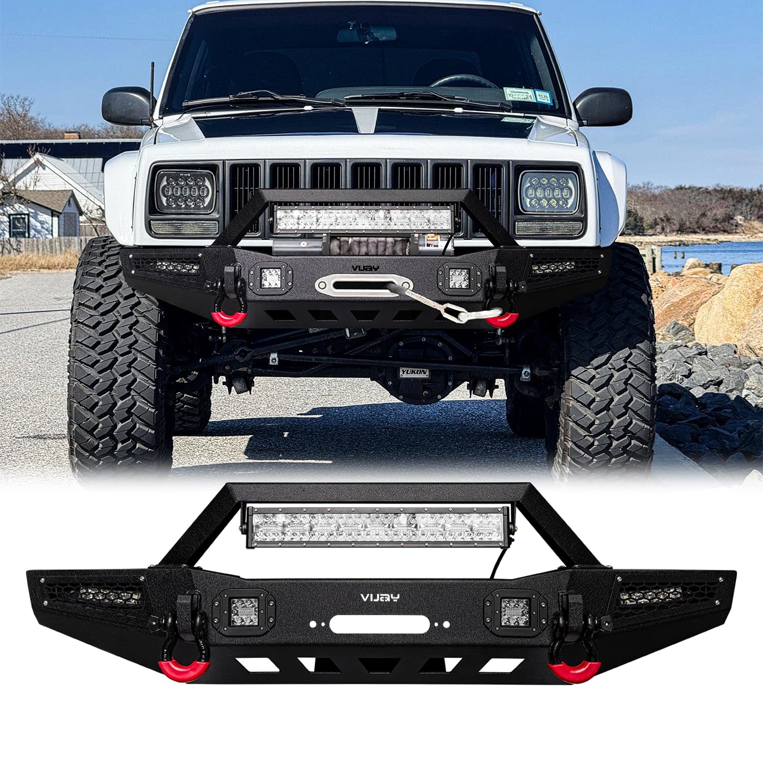 LUYWTE For 1984-2001 Cherokee XJ&Comanche MJ Steel Front Bumper With Winch Plate&Lights（Black Texture）