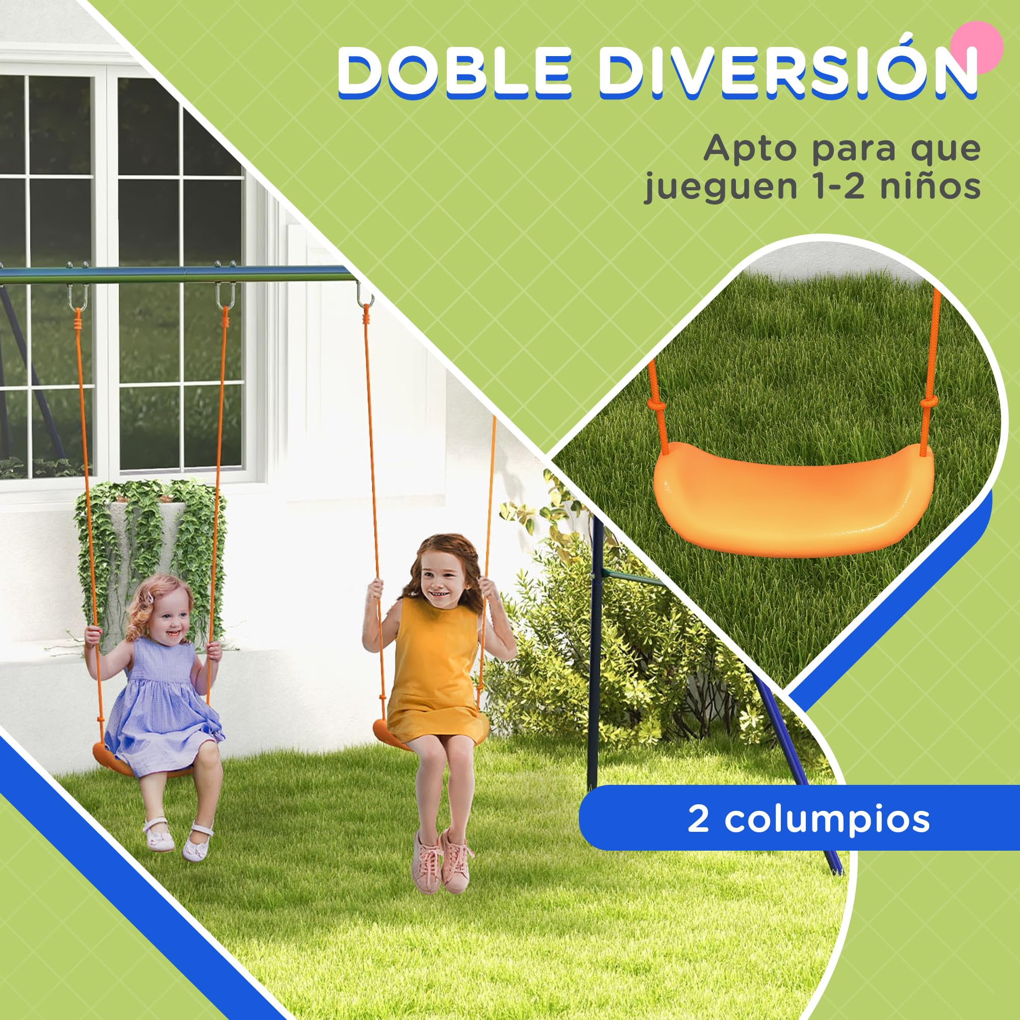 Outsunny Columpio Infantil Columpio para Niños de 3-8 Años con 2 Sillas Resistente a los Rayos UV y Soporte de Metal Carga 90 kg para Patio Jardín Multicolor