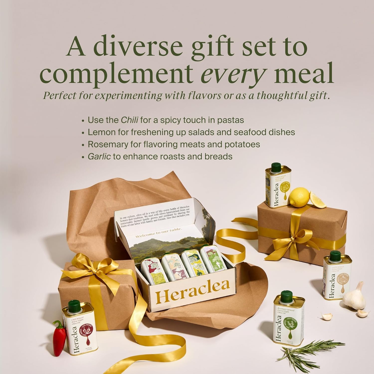 Heraclea - Aegean Flavors Gift Box - Infused Olive Oils Gift Set - Four 5.9oz Bottles - Extra Virgin Olive Oil - Organic Olive Oil - Extra Virgin - Cold Pressed - Polyphenol Rich EVOO