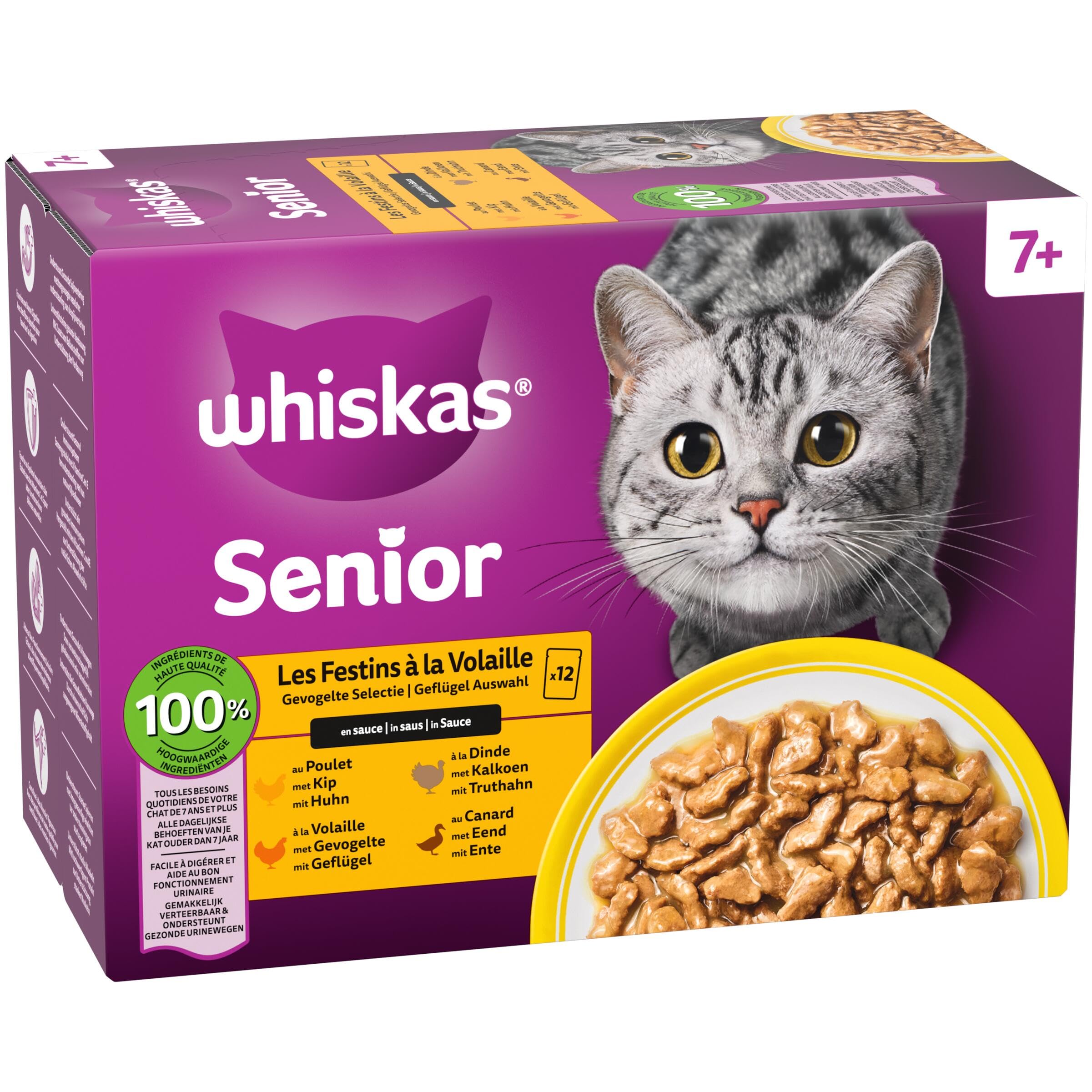 WHISKAS Aliment humide en sauce Chat senior 7+ 12x85g Festins à la Volaille (Lot de 4) 48 Sachets