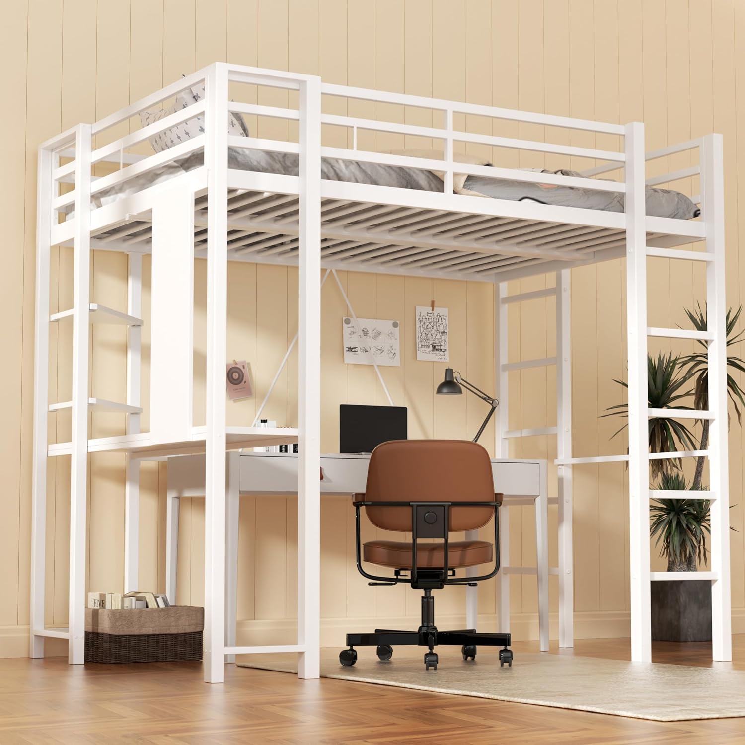 Nuturelly Loft Bed Full Size with Desk and Storage Shelves, Metal Bed Frame with with 2 Side Ladders for Teens & Adults, Space-Saving, Noise-Free, No Box Spring Needed, White