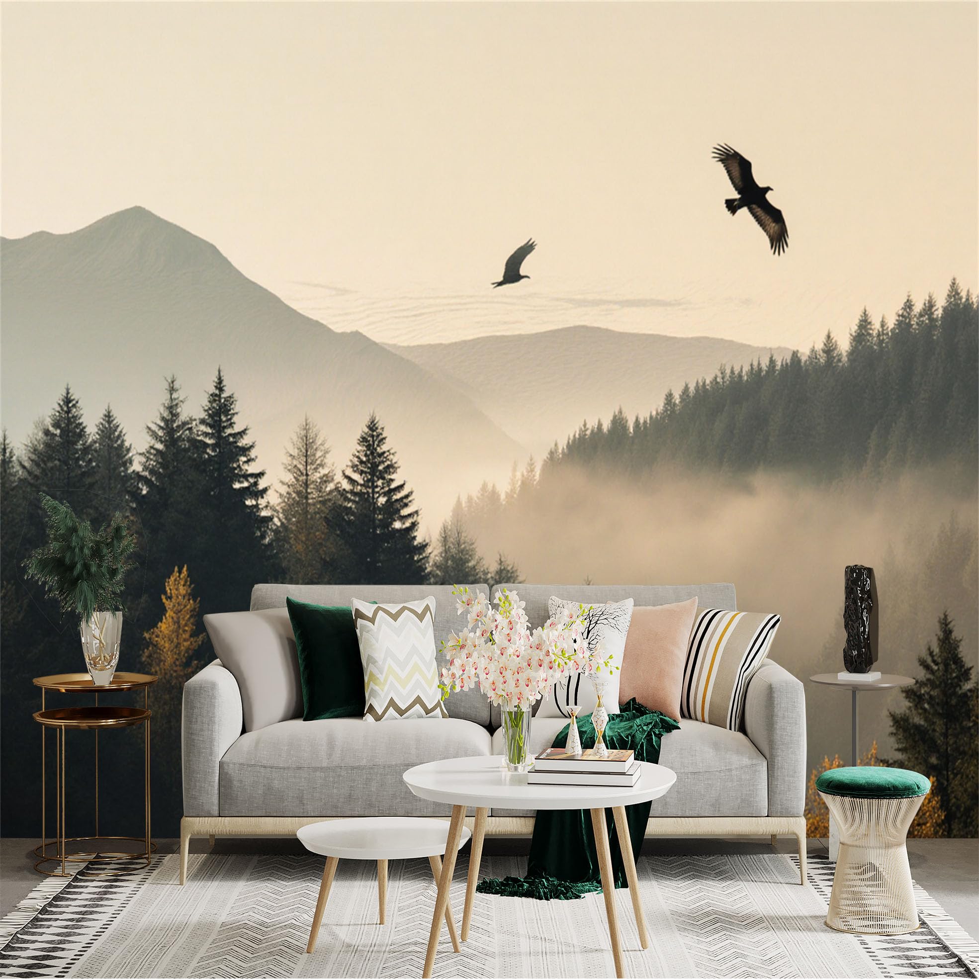 Lnzczhyre Xc260505153 Custom Size Wall Sticker Mural， Flying Birds Over Misty Forest， Morning Mountains Scenery， Serene Nature Landscape， For Wall Decoration， Peelandstick Wall Decals.