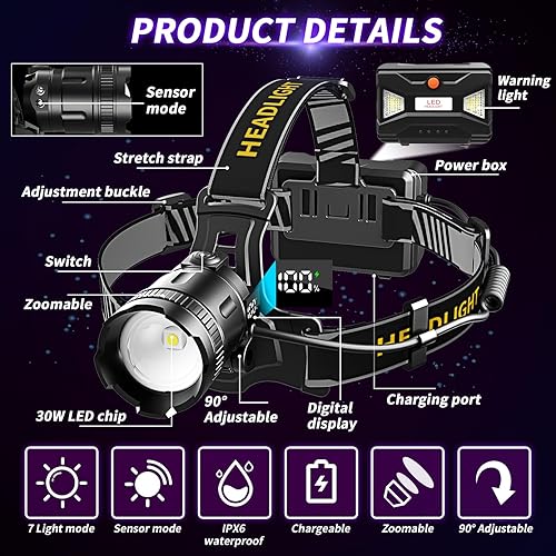 Miniatura 3 de Faro LED de alto lúmenes con sensor de movimiento súper brillante, 3 modos de iluminación, pantalla digital, recargable, lámpara de cabeza