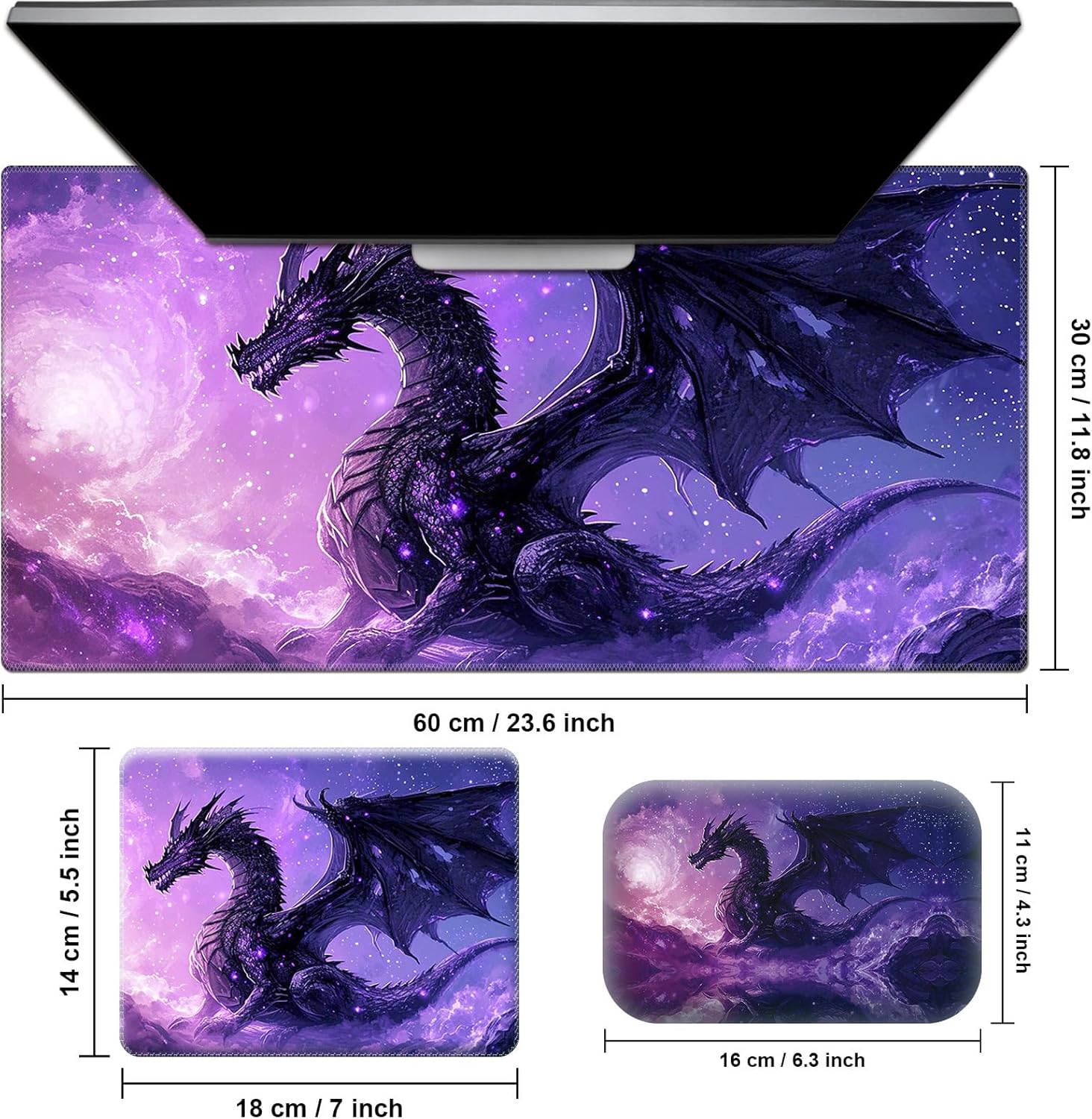 Desk Pad, Large Game Mouse Pad + Small Mouse Pad + Wrist Rest,Ergonomic Mouse Pad,Table Mat with Stitched Edge,Anti-Slip,Memory Foam Desk Mat for Home Office Gaming(23.6×11.8in),Purple Dragon