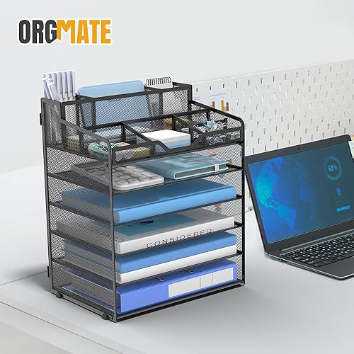 Miniatura 7 de Organizador de escritorio de malla de 6 niveles, bandeja de papel multifuncional con 3 soportes para bolígrafos y 5 compartimentos de almacenamiento