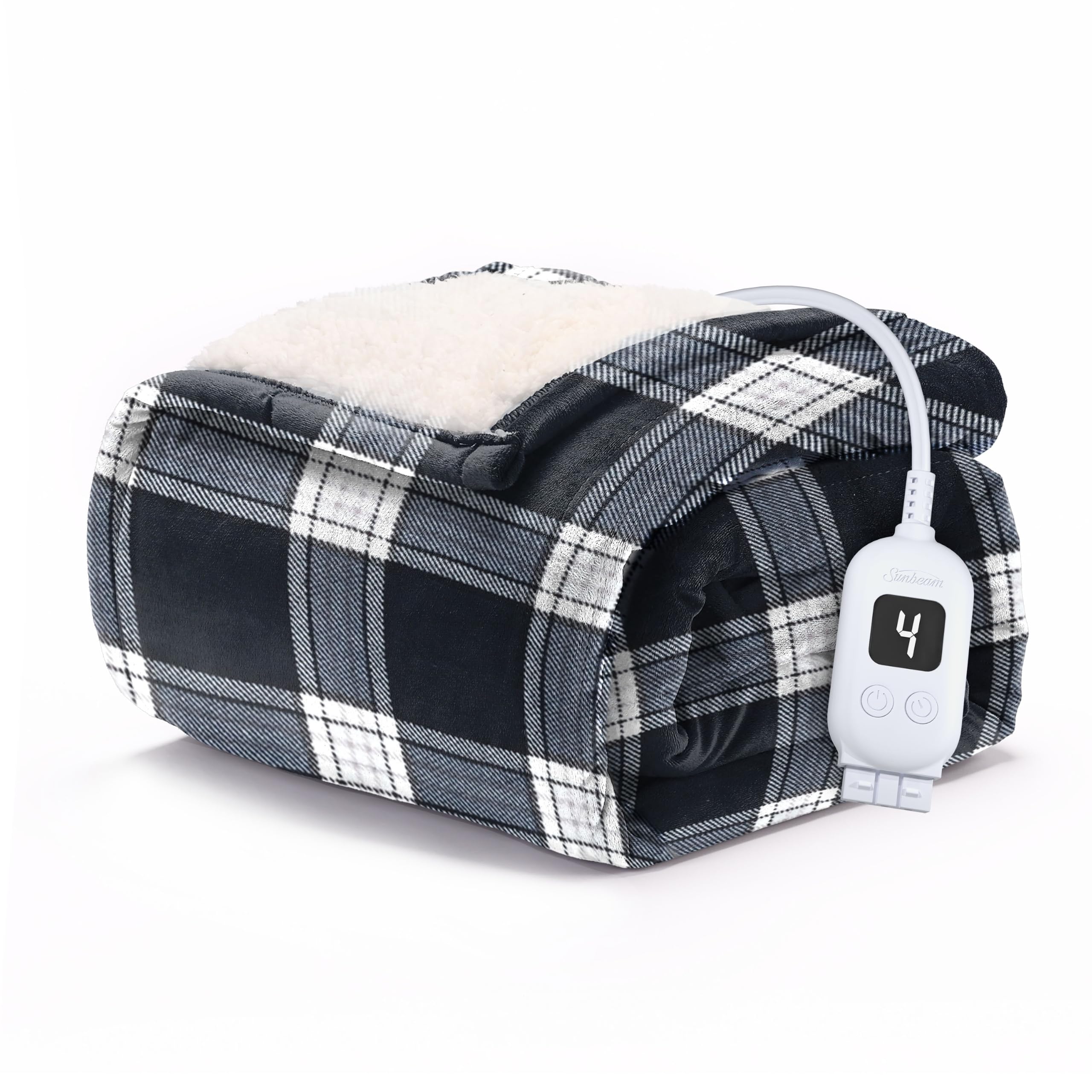 Sunbeam Heated Throw Blanket Flannel Sherpa 4 Heat Charcoal Plaid 50x60