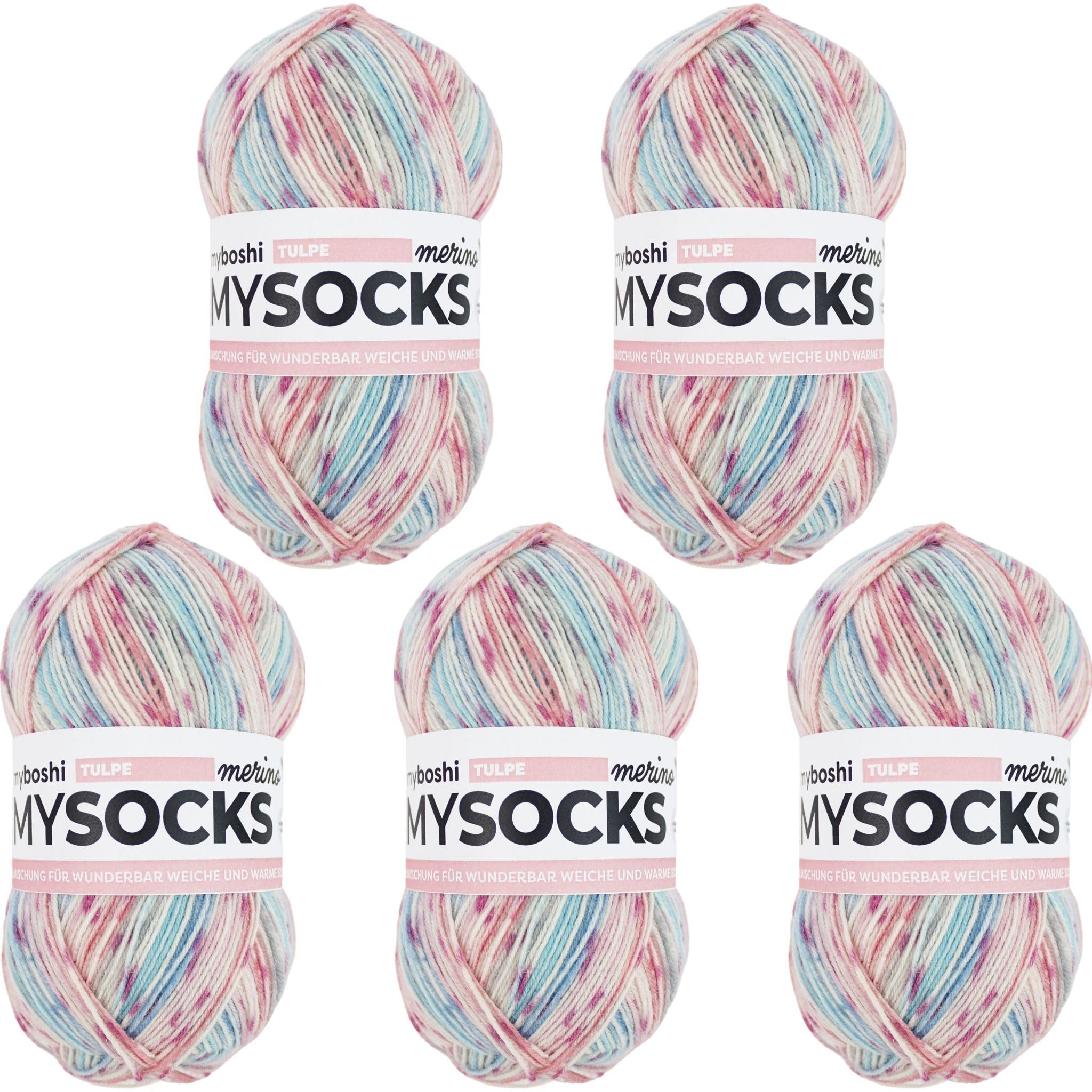 myboshi mysocks Merino, extra weiche 4-fädige Merino-Sockenwolle, 75% Schurwolle, 25% Polyamid, filzfrei, 100g, 420m Rosa (Tulpe), 5 Knäuel