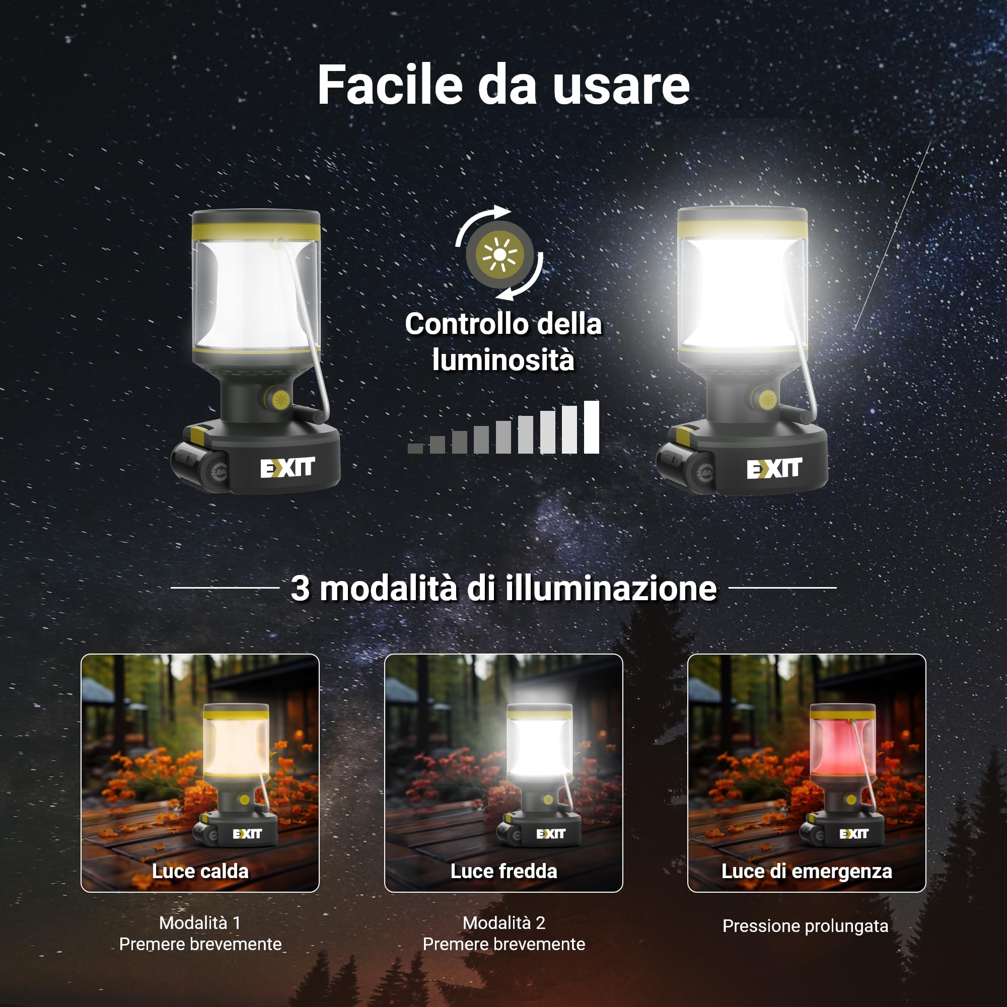 EXIT EX003 Lampada LED Ricaricabile 20V 3 in 1 con Torcia, Batteria 2,0Ah | Lanterna multifunzione ideale per campeggio, caccia, emergenze e lavoro. Luce LED potente con batteria da 2,0 Ah inclusa.