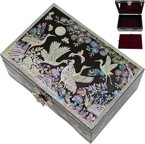 February Mountain Joyero de nácar Diseño tradicional coreano con grúas y pinos Caja de madera hecha a mano, interior forrado de terciopelo para