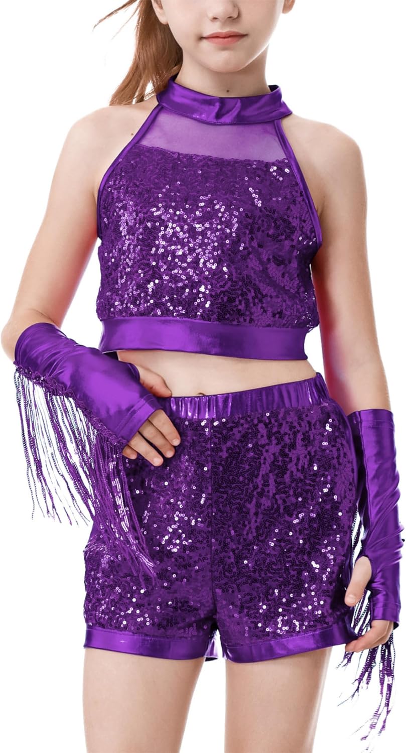 LOLANTA Girls Sequin Dance Outfit Crop Sequin Top Metallic Shorts with Tassel Arm Sleeves 5-13 Years Recital Costumes