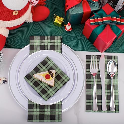 Miniatura 6 de WDF Paquete de 100 servilletas de Navidad desechables, servilletas de papel de Navidad de 3 capas con patrón de cuadros verdes y negros de alta
