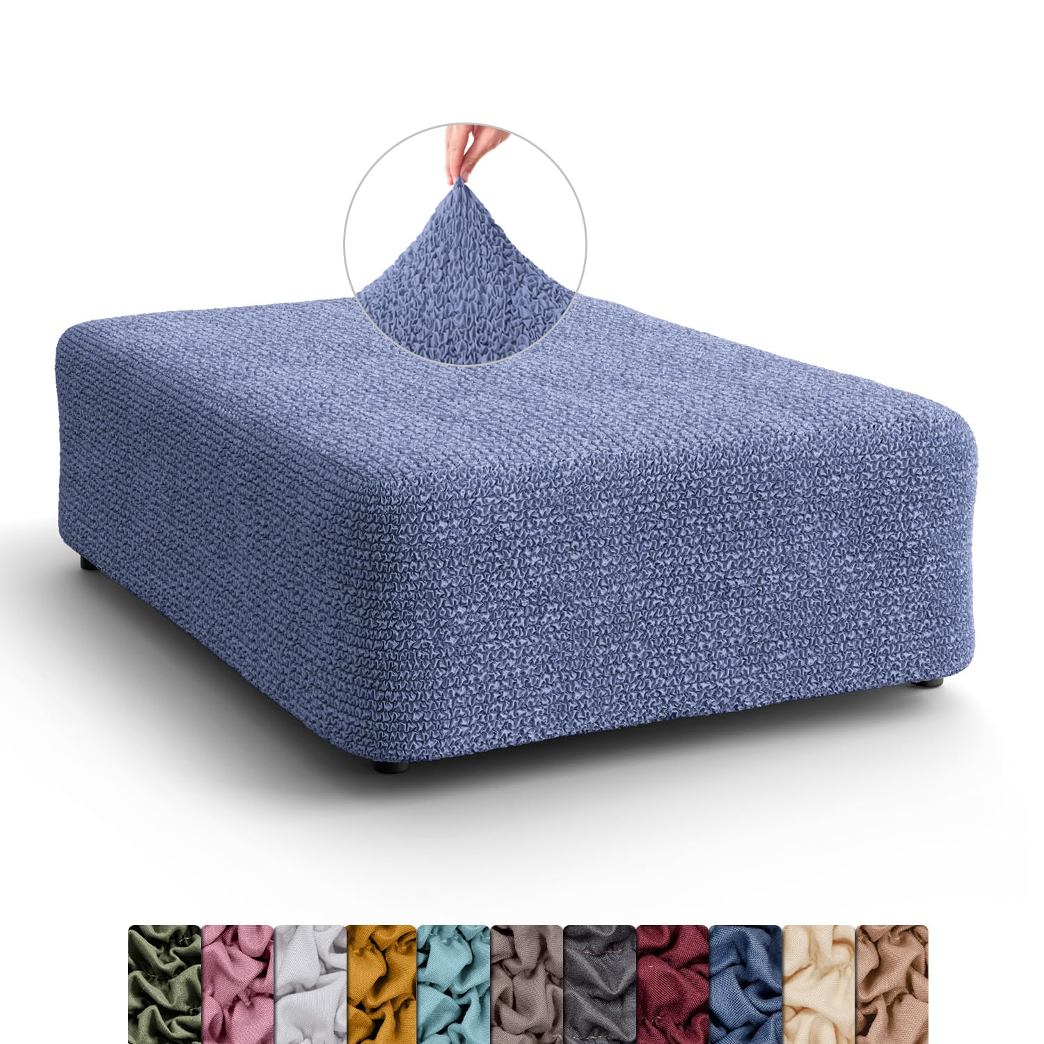 Menotti Large Footstool Ottoman Foot Rest Slip Cover for Sofa Stretch Elastic Fabric Protector - Microfibra - Blue (Large Footstool) โ image 1