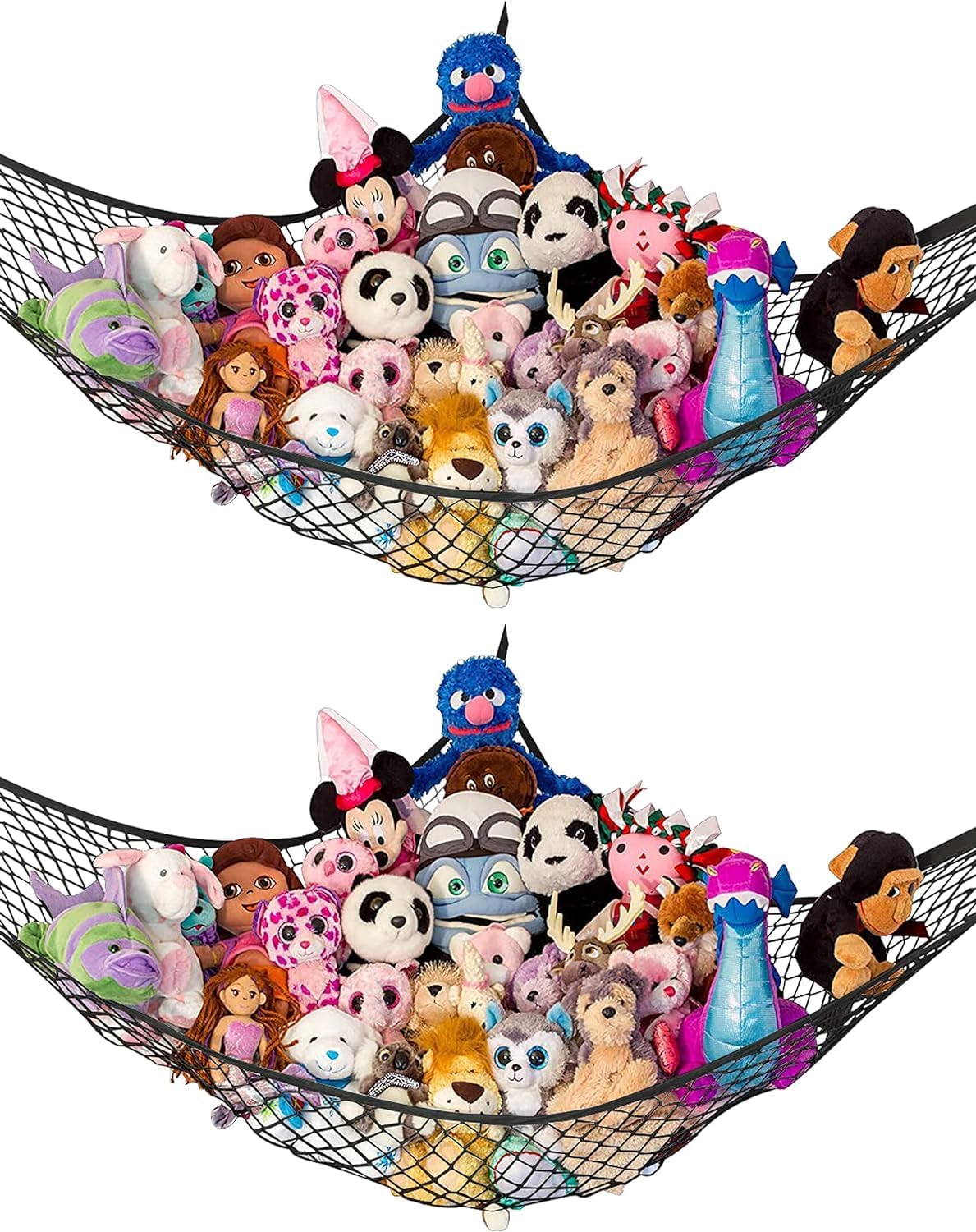 Lilly's Love Large Stuffed Animal Hammock | Corner Hanging Organizer, Toy Storage, Stuffed Animal Storage Net | Made from Quality Fishing Net, Holds 12lbs | 79"x63"x63" (Black, 2 Pack)