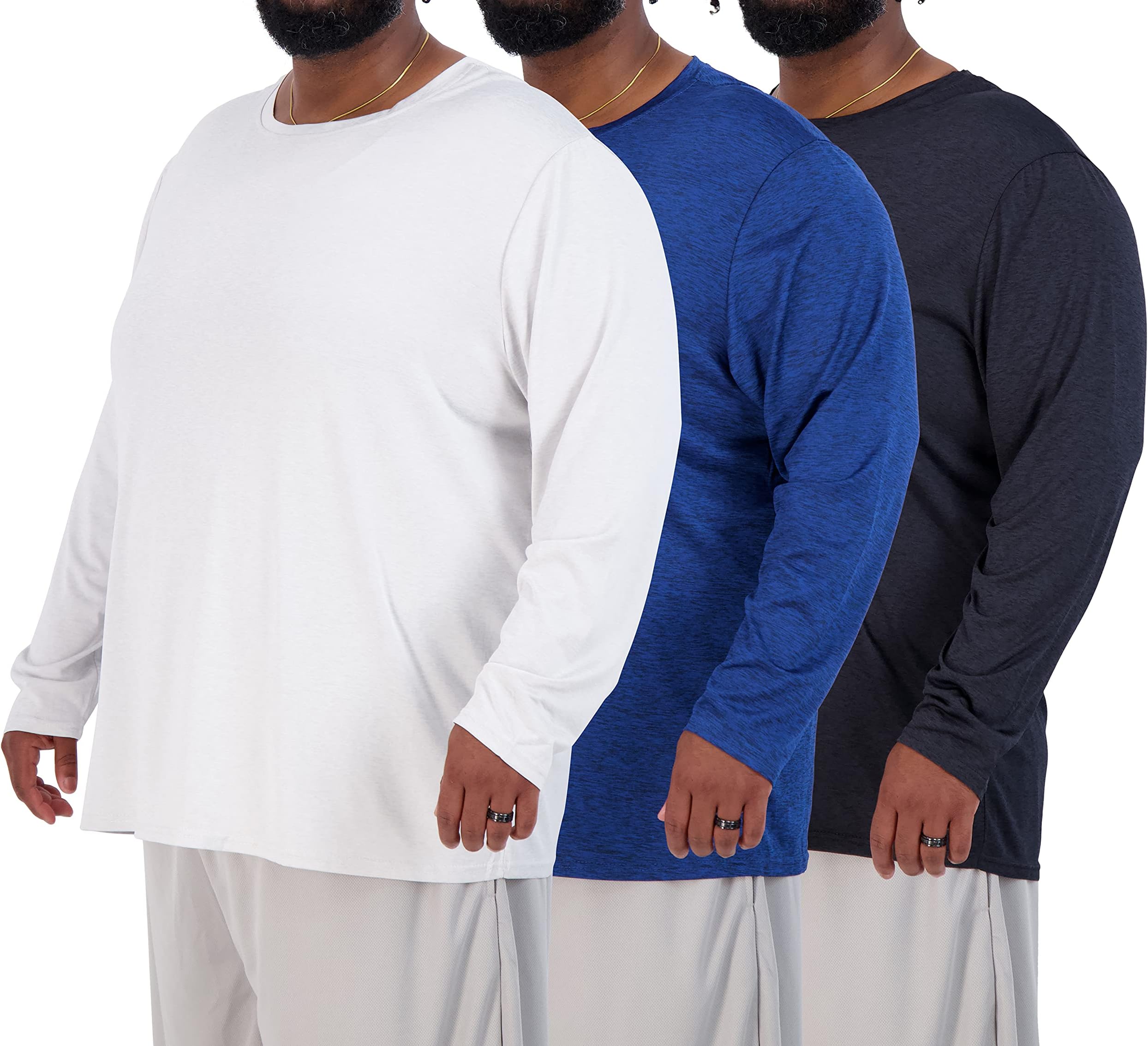 Real Essentials 3 Pack: Men’s Big & Tall Long Sleeve Dry-Fit Crew Neck T-Shirt - Gym Workout Athletic Running Tee (3XT-5XT)