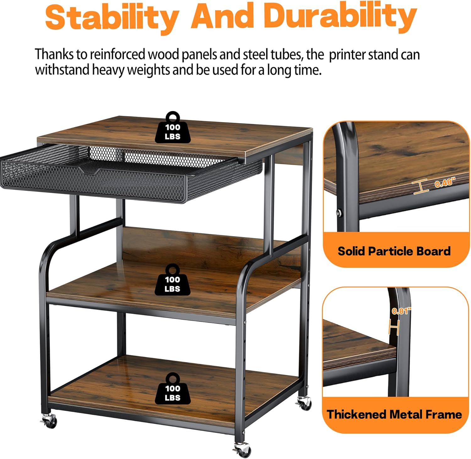 Large Printer Stand with Storage Shelf, 23.6''x18.9'' Rolling Printer Cart Holder with Lockable Wheels, 5-Adjustable Heights, 3D Scanner Fax Printer Table for Home Office Use, Large