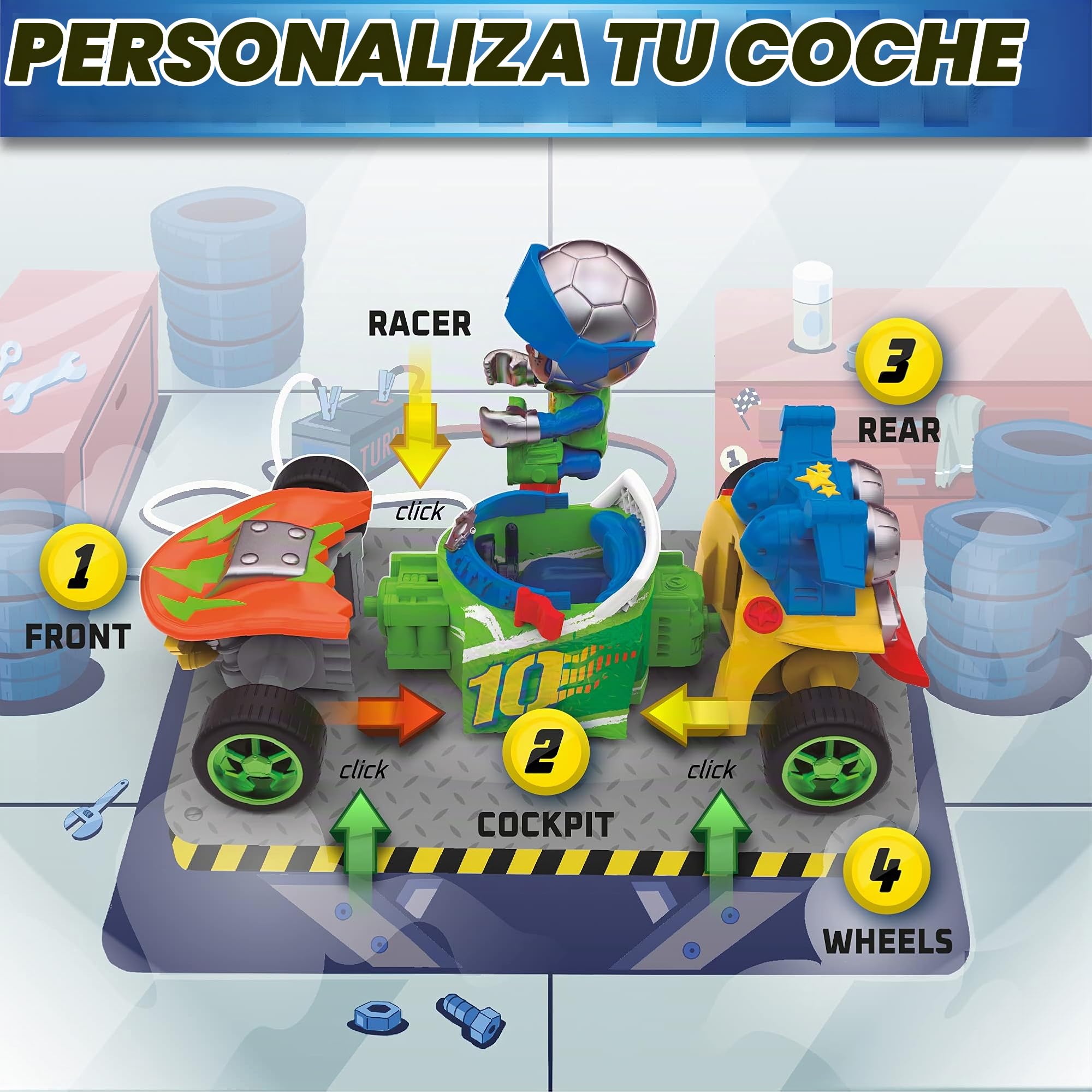 T-RACERS serie 2 – Colección completa de coche de carreras y piloto sorpresa coleccionable, 8 Coches de carreras desmontables por partes y con piezas intercambiables