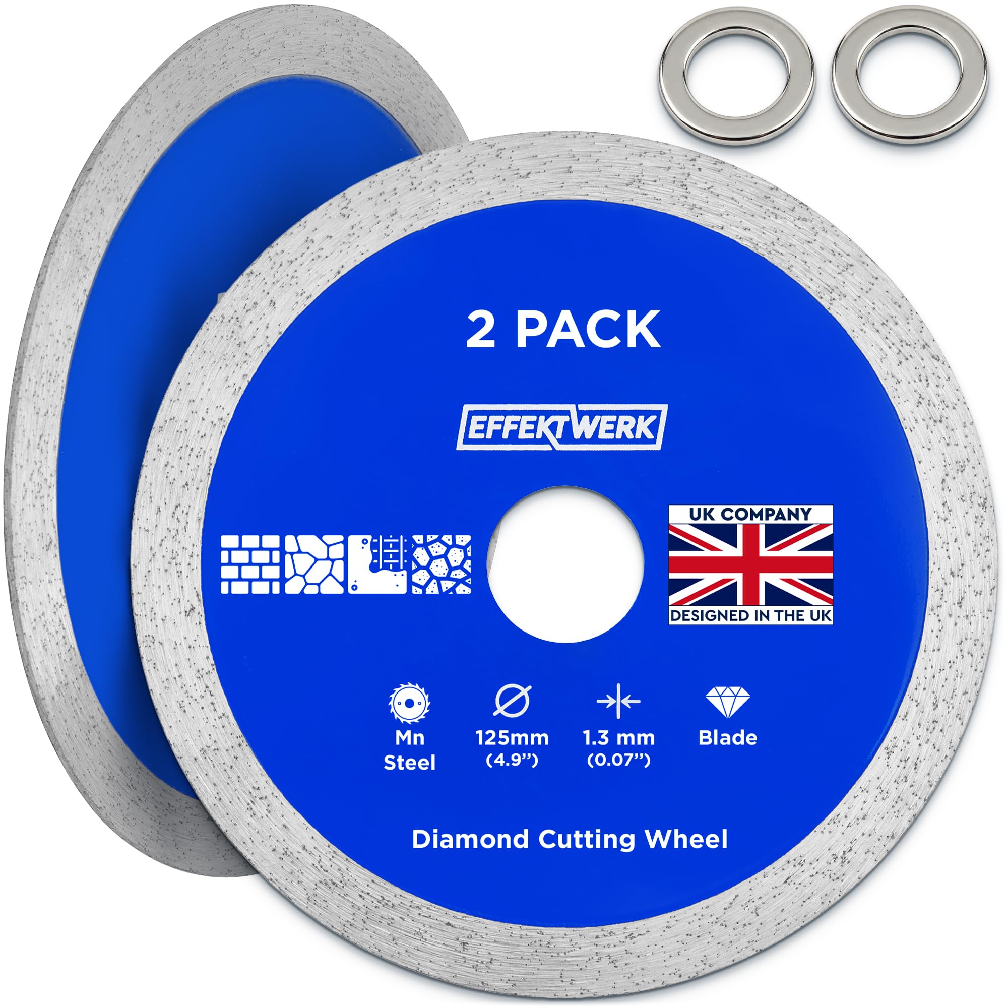 EffektWerk - Diamond Blade Cutting Wheel for Angle Grinder - 125mm Diametre, 1.6mm Thick Circular Saw Discs - Continuous Blade Rim for Stone, Brick, Porcelain, Ceramic, Marble, Granite Grinding