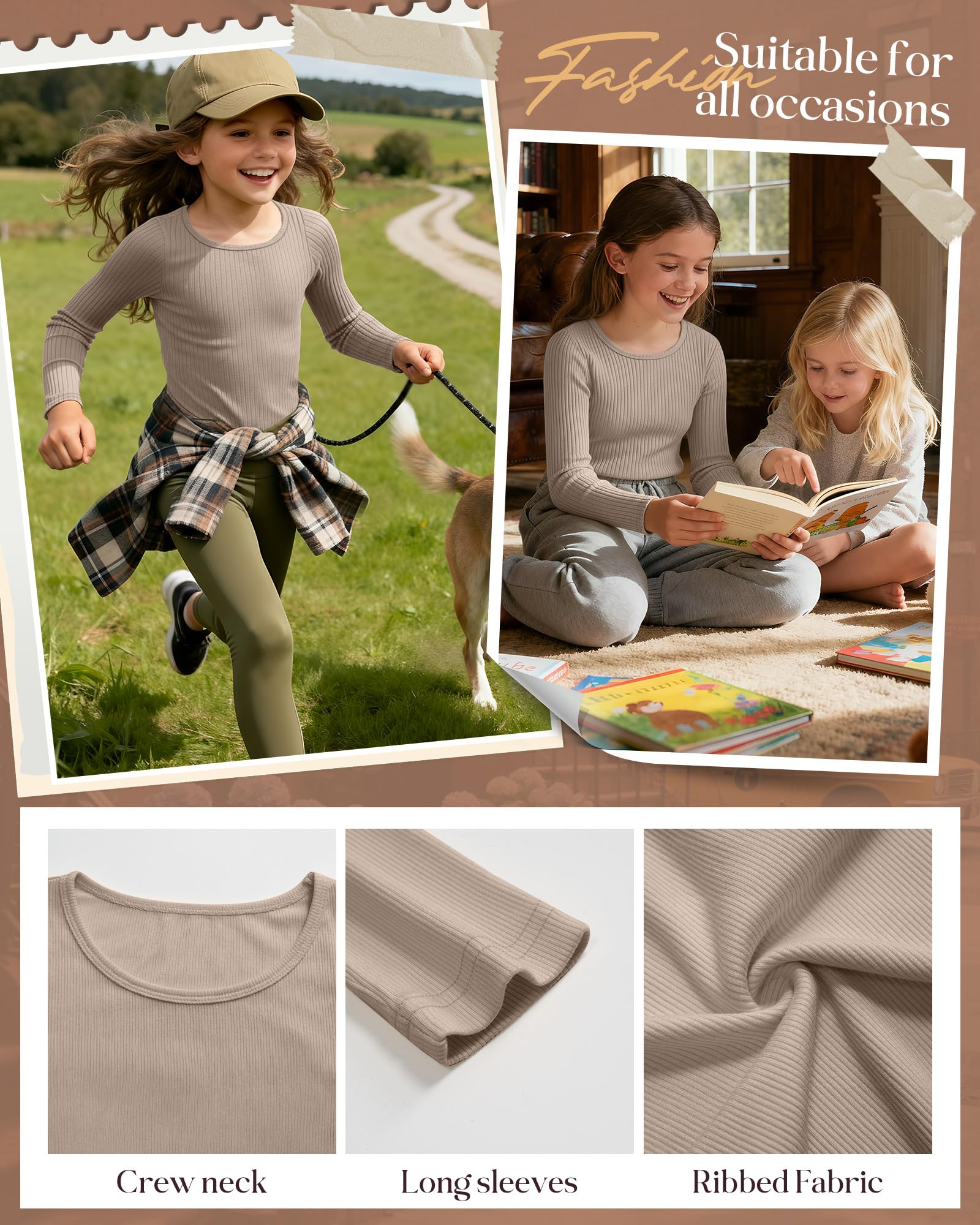 Clabby 3 Pack T-Shirts Fille Coton Côtelé Manches Longues