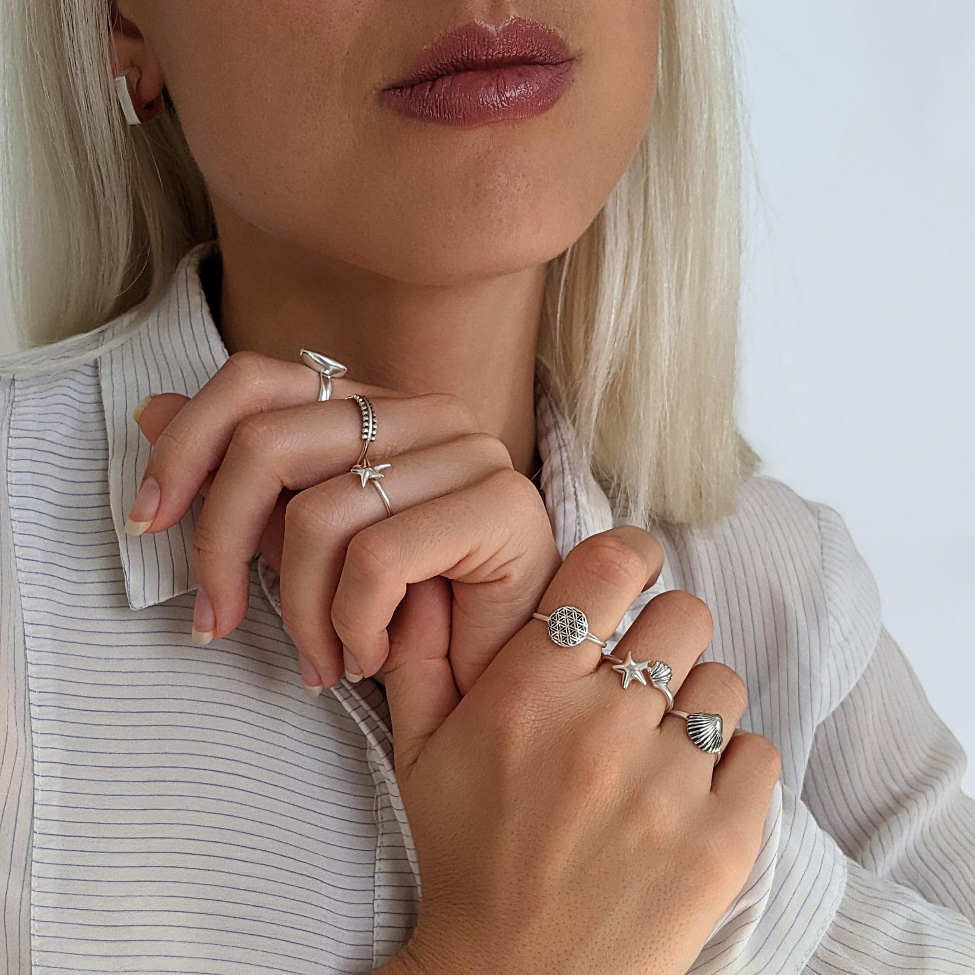 81stgeneration Anillo Promesa Concha Cauri Plata 925 | Anillos Plata de Ley Mujer | Joyas Verano Playa | Anillos Concha Marina Adolescentes | Diseño Bohemio Conchas Marinas Apiladas