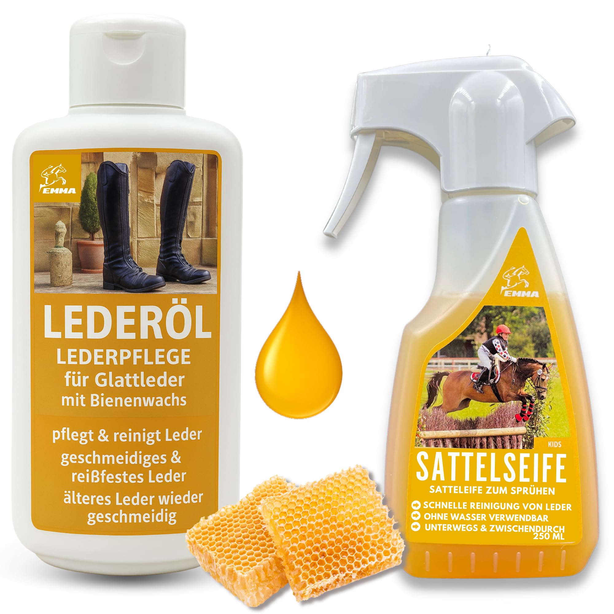 Lederpflege Set Lederöl farblos & Sattelseife Leder 0,25 0,5l Lederfett farblos für Schuhe Ledercouch Sofa Sattel Pferd Jacke Stiefel Möbel Handtasche – Lederseife Saddle Soap zur Reinigung & Pflege