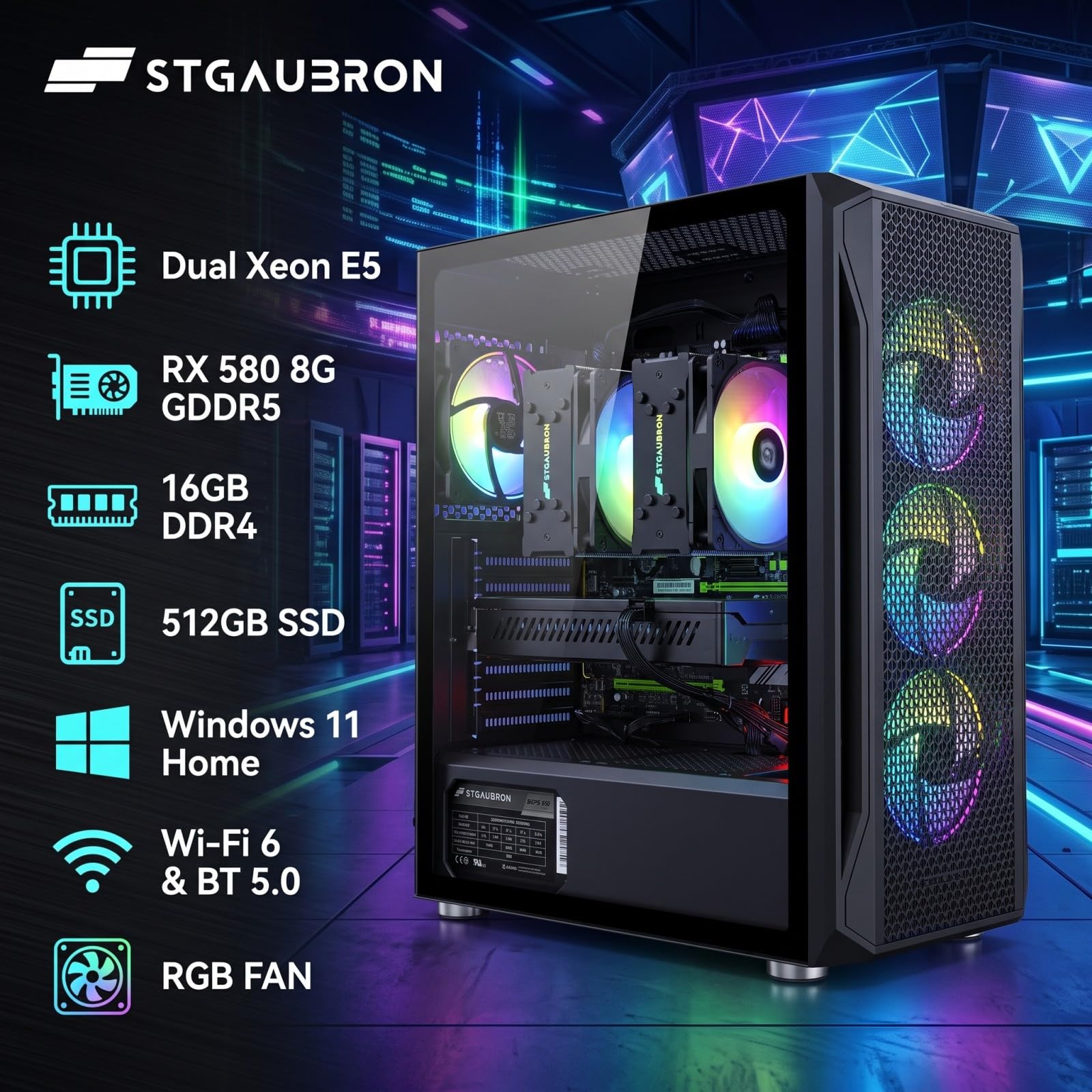 STGAubron Gaming PC Desktop,Dual Xeon E5,RX 580 8GB,16GB DDR4,512G