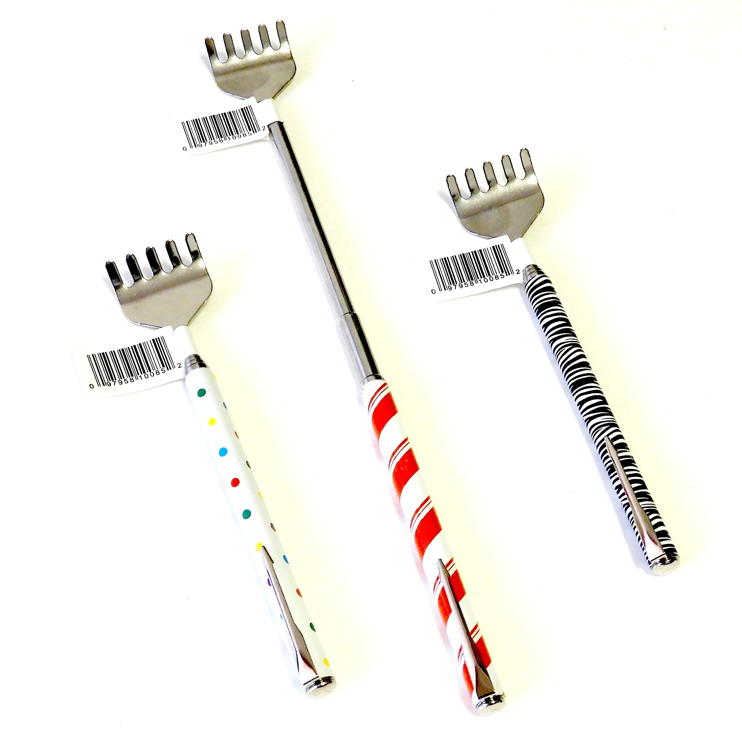 Value 3 Pack Stainless Steel Back Scratcher Printed Designs with Telescoping Handle and Pocket Clip