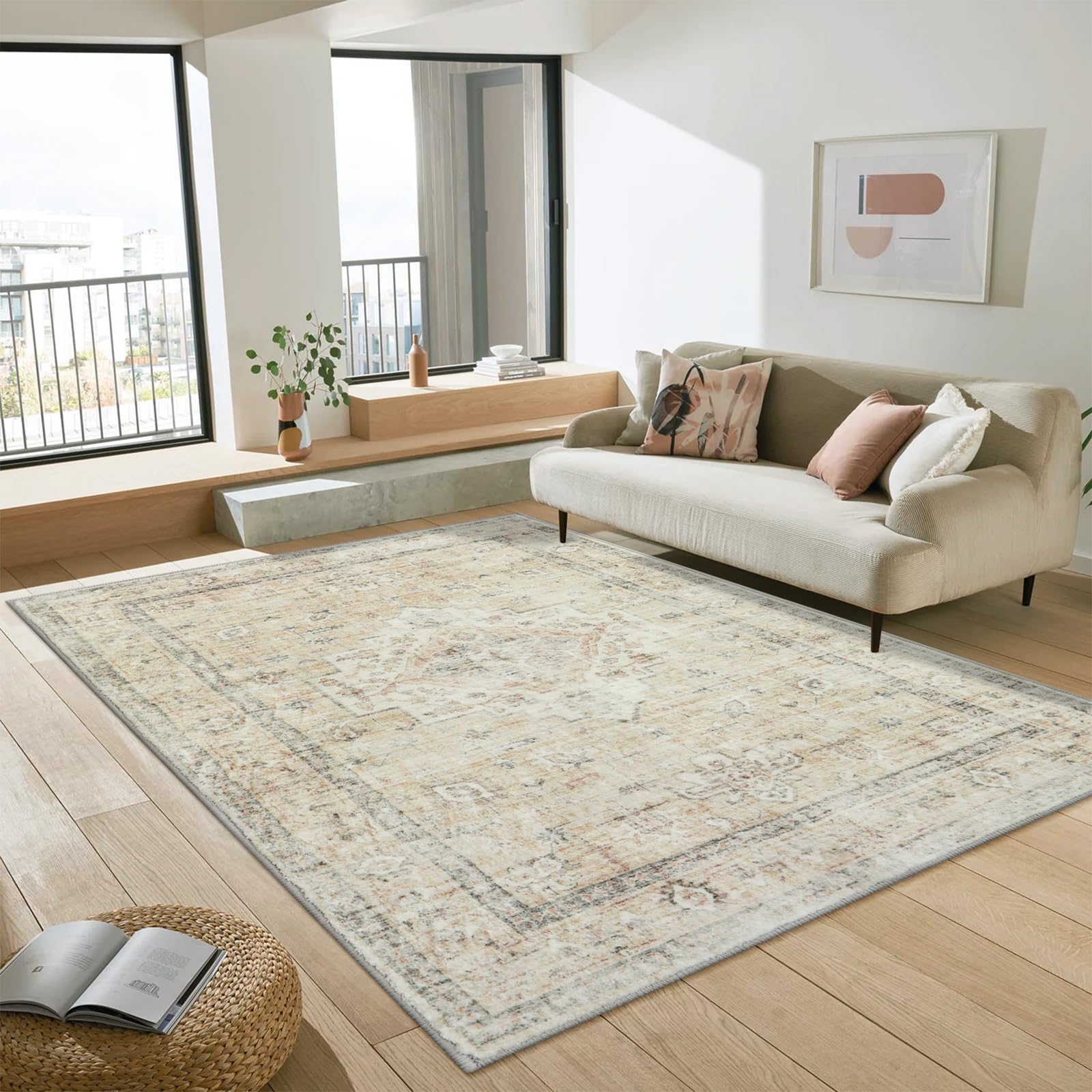 LIVEBOX 6x9 Beige Rug - Large Bohemian Living Room Rug Oriental Rug for Bedroom, Non-Slip Retro Medallion Carpet Print Distressed Rug for Dining Room, Vintage Rug for Guest Room Office