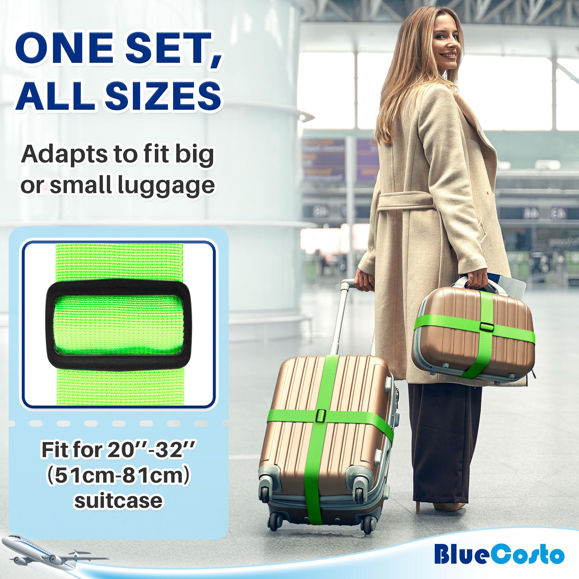 Luggage Straps for Suitcases - Neon Green, 4 Pack - Premium Nylon Belts for Luggage Security - Adjustable Length 1-2 metres - by BlueCosto