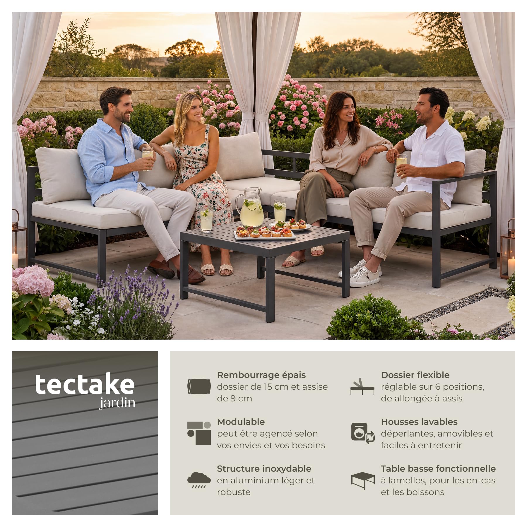 tectake® Ensemble Salon de Jardin Exterieur 5 Personnes en Aluminium 1 Canapé 2 Places 1 Canapé 3 Places & 1 Table de Jardin, Coussins Inclus, Mobilier Amenagement Balcon Terrasse Veranda