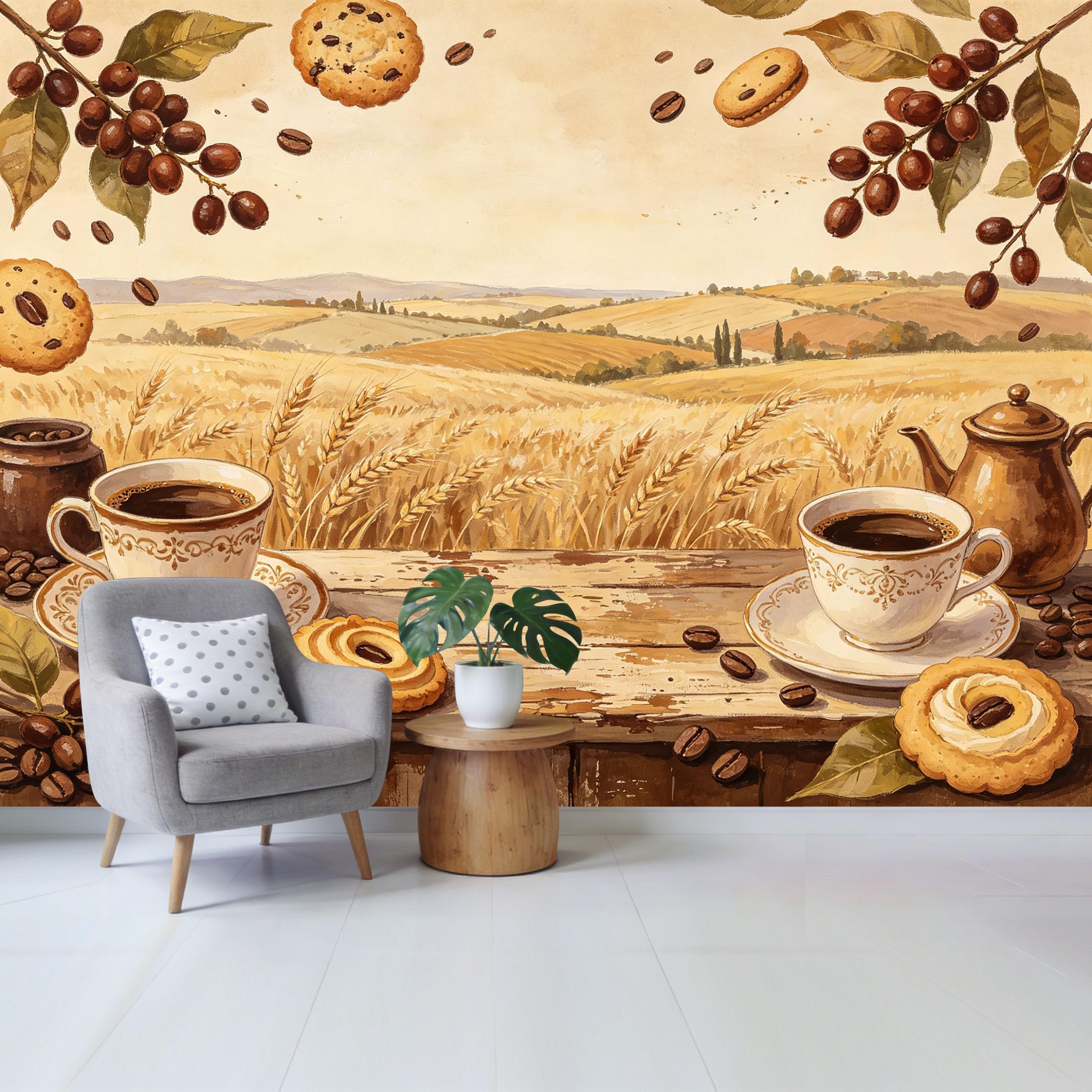 Qzlithotic Yq2605250614 Custom Size Wall Mural Coffee Beans Wheat Field Rustic Farmhouse Watercolor Style Selfadhesive Wall Fabric Removable Wallpaper For Home Office Decor